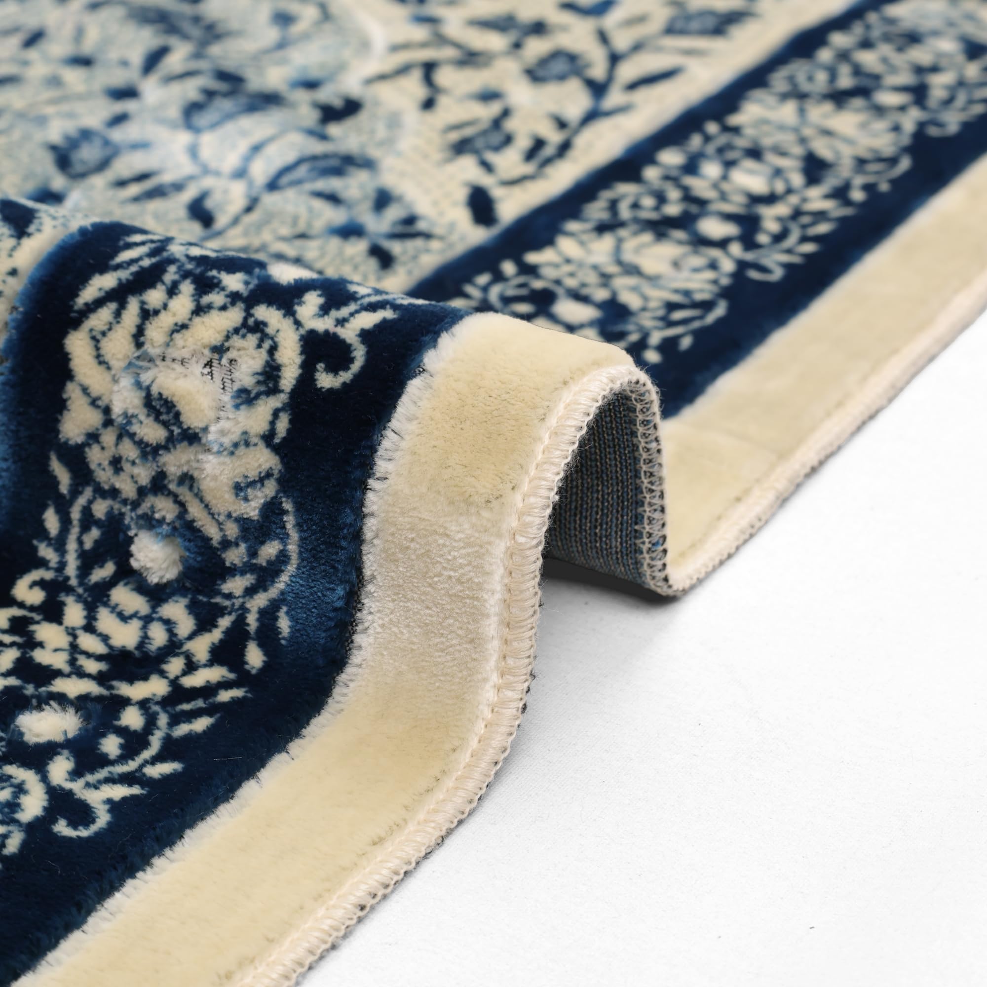 Luxury Turkish Navy Blue & Ivory Velvet Prayer Rug with Prayer Cap - Firaset
