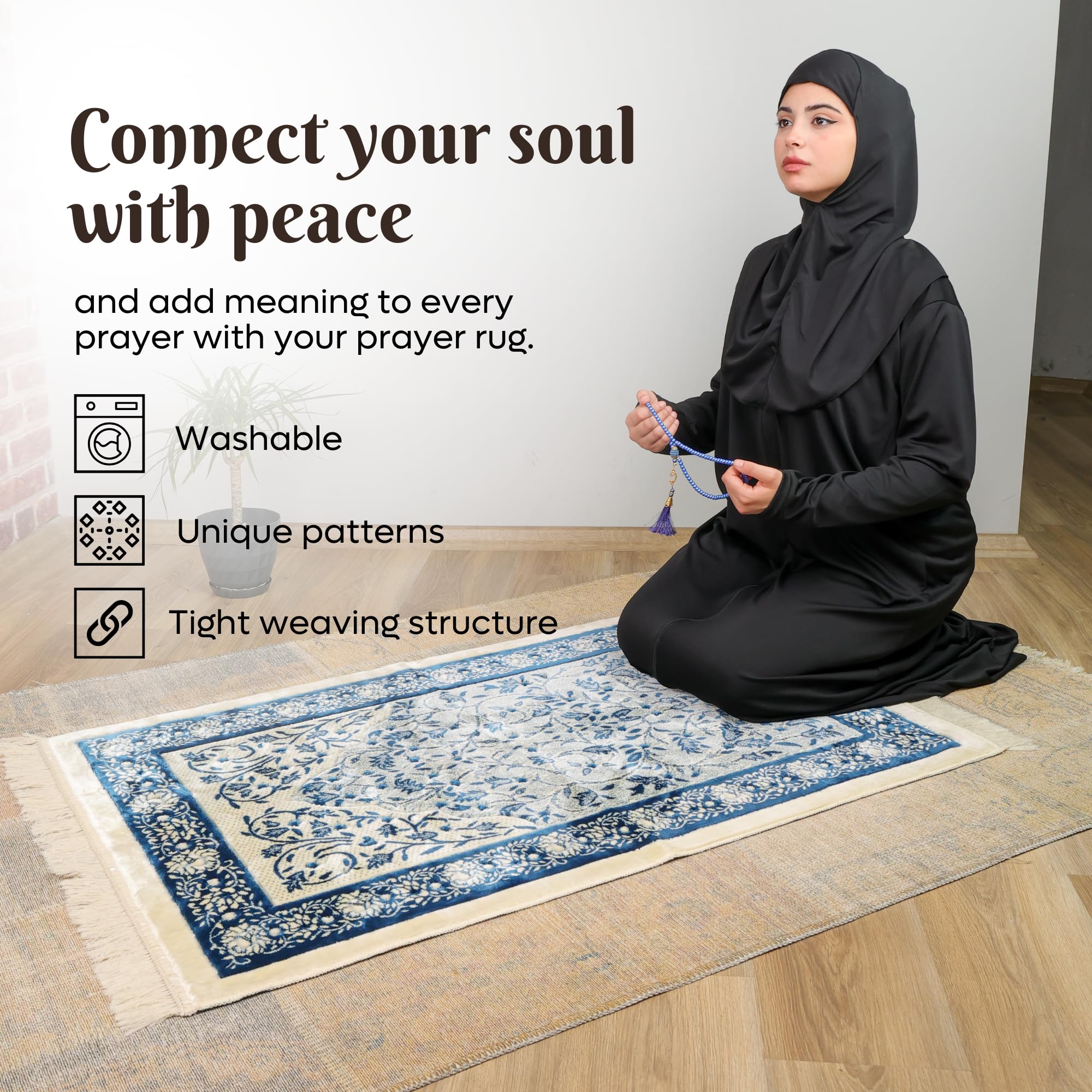 Luxury Turkish Navy Blue & Ivory Velvet Prayer Rug with Prayer Cap - Firaset