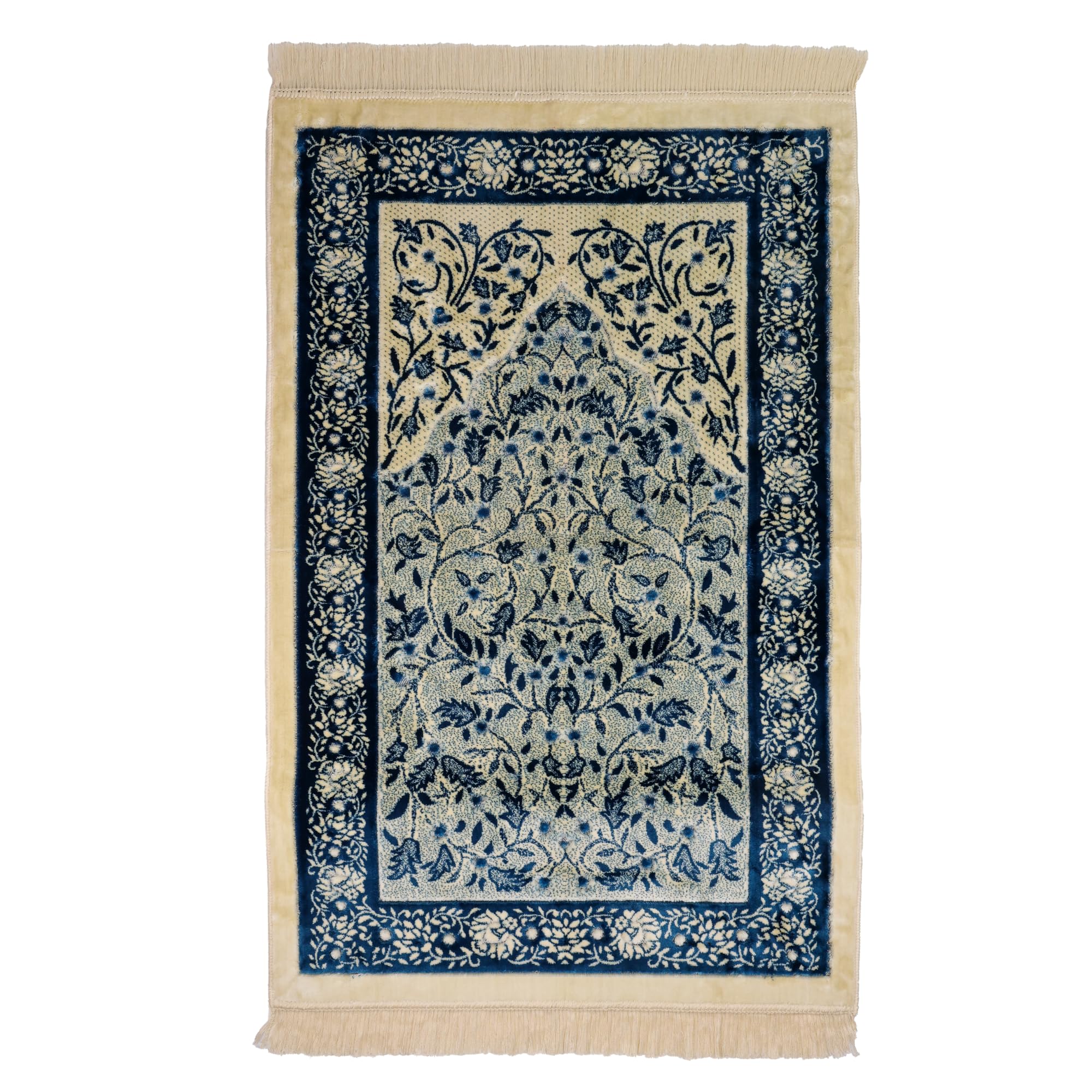 Luxury Turkish Navy Blue & Ivory Velvet Prayer Rug with Prayer Cap - Firaset