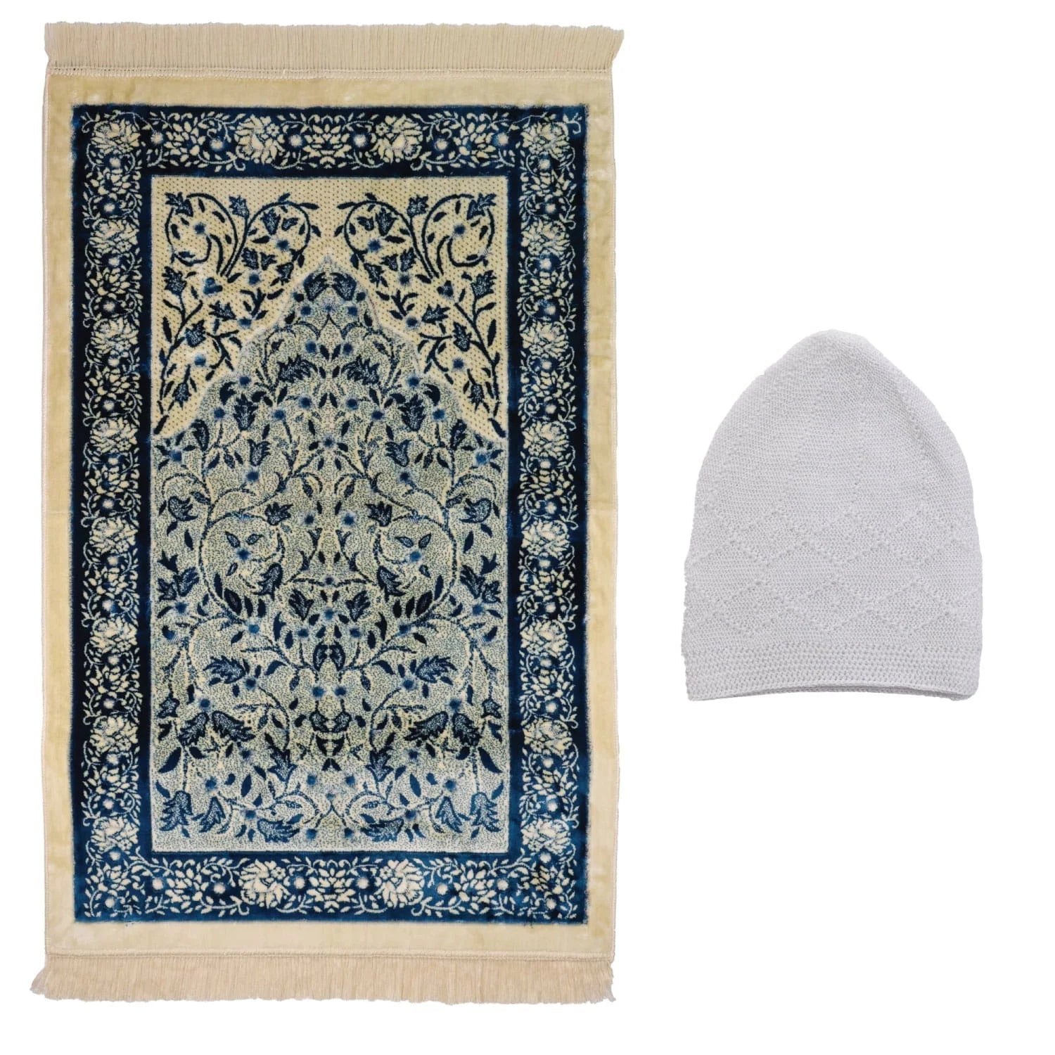 Luxury Turkish Navy Blue & Ivory Velvet Prayer Rug with Prayer Cap - Firaset