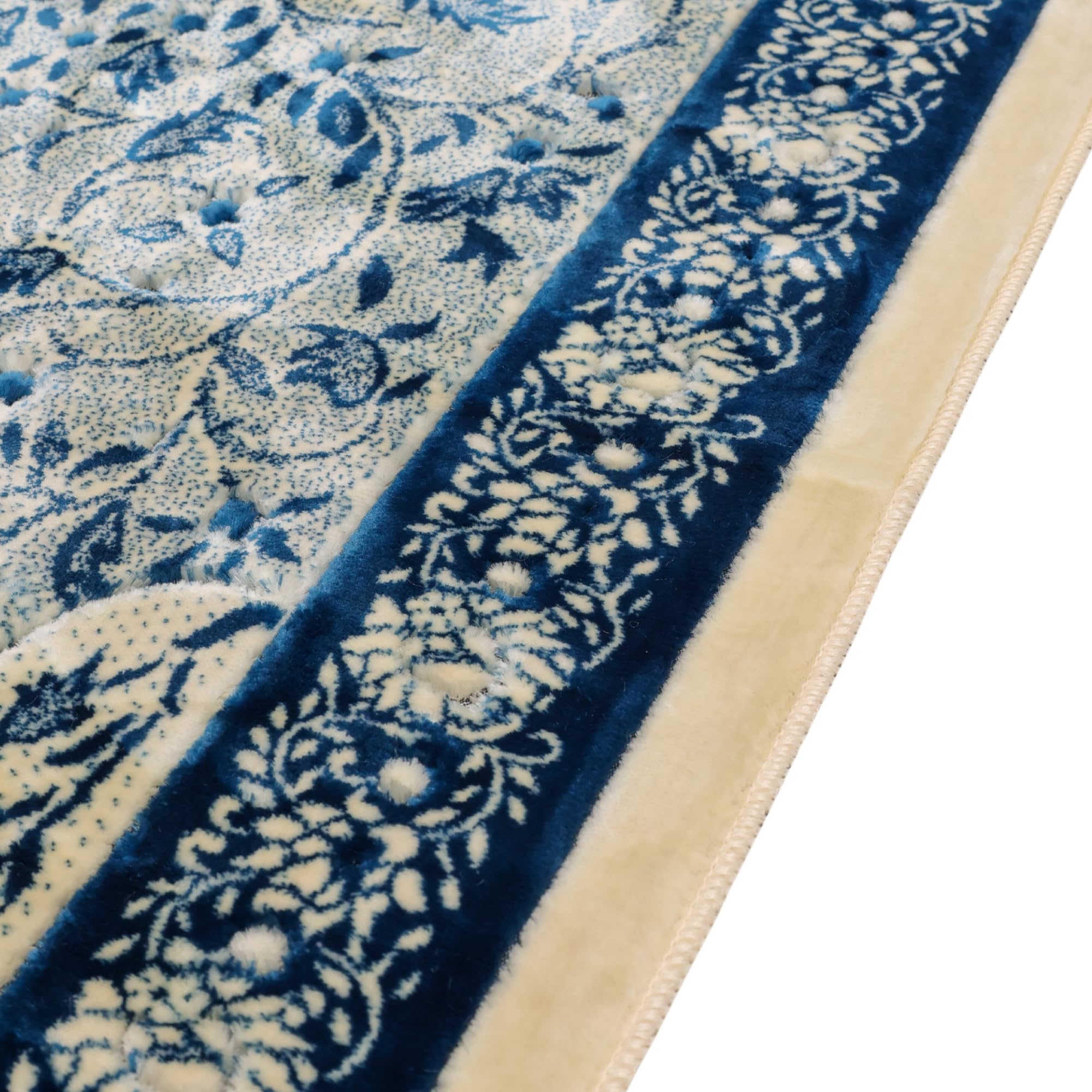 Luxury Turkish Navy Blue & Ivory Velvet Prayer Rug with Prayer Cap - Firaset