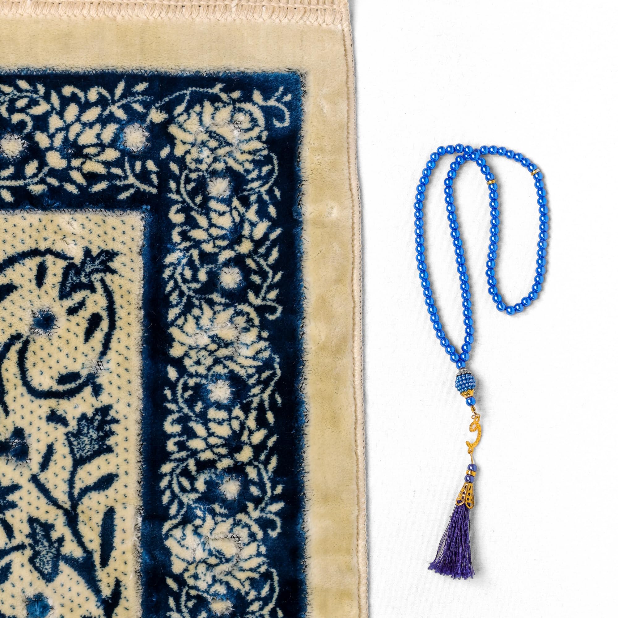 Luxury Turkish Navy Blue & Ivory Velvet Prayer Rug with Prayer Cap - Firaset