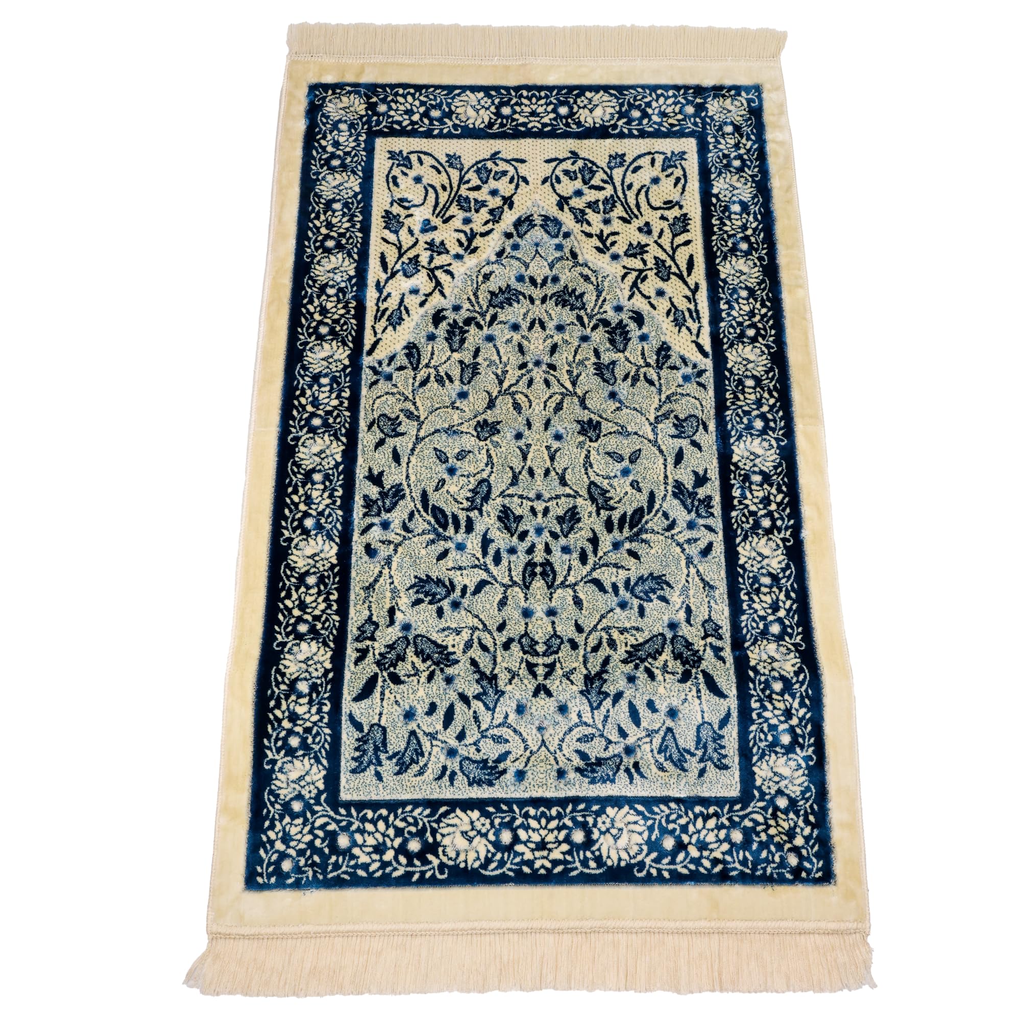 Luxury Turkish Navy Blue & Ivory Velvet Prayer Rug with Prayer Cap - Firaset