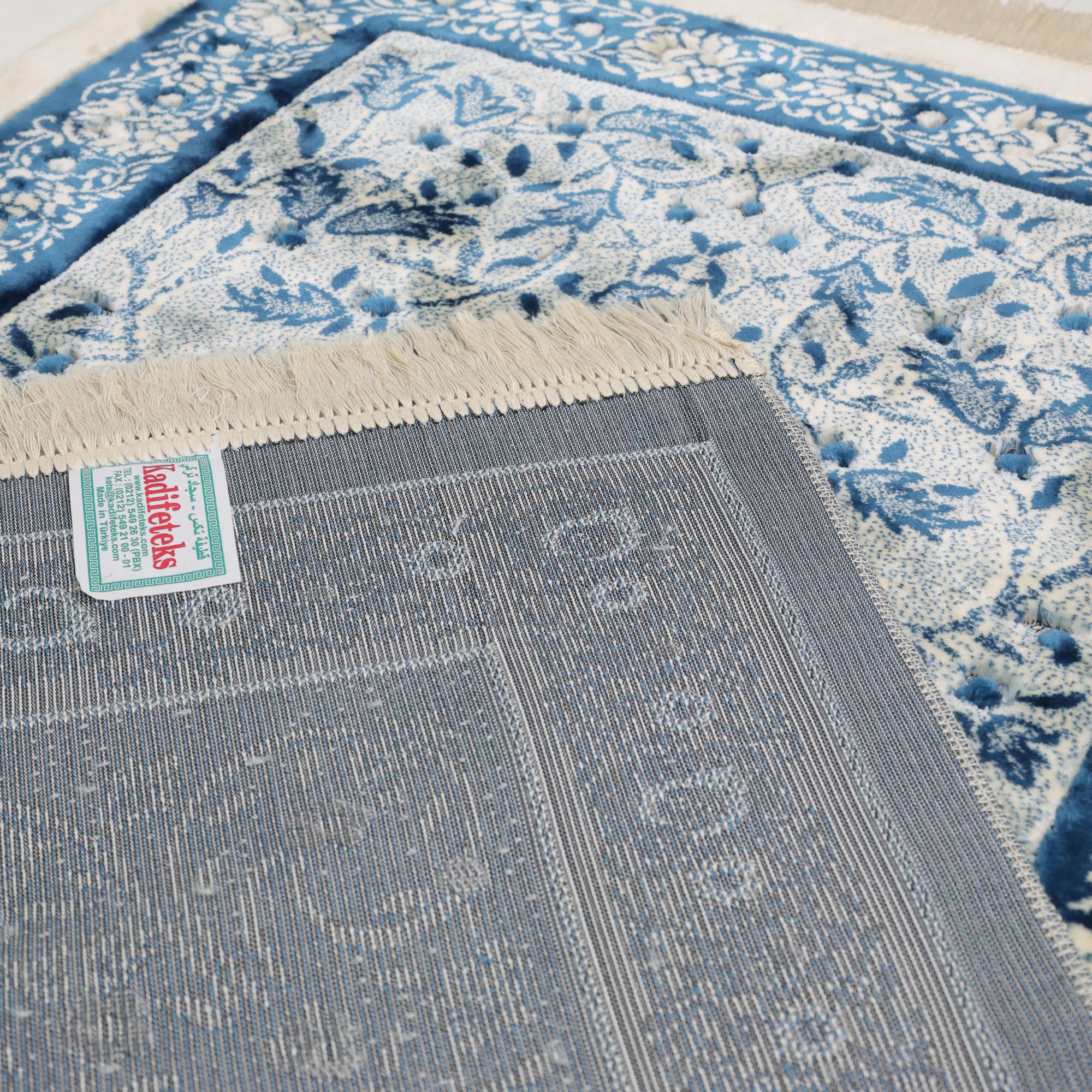 Luxury Turkish Navy Blue & Ivory Velvet Prayer Rug with Prayer Cap - Firaset