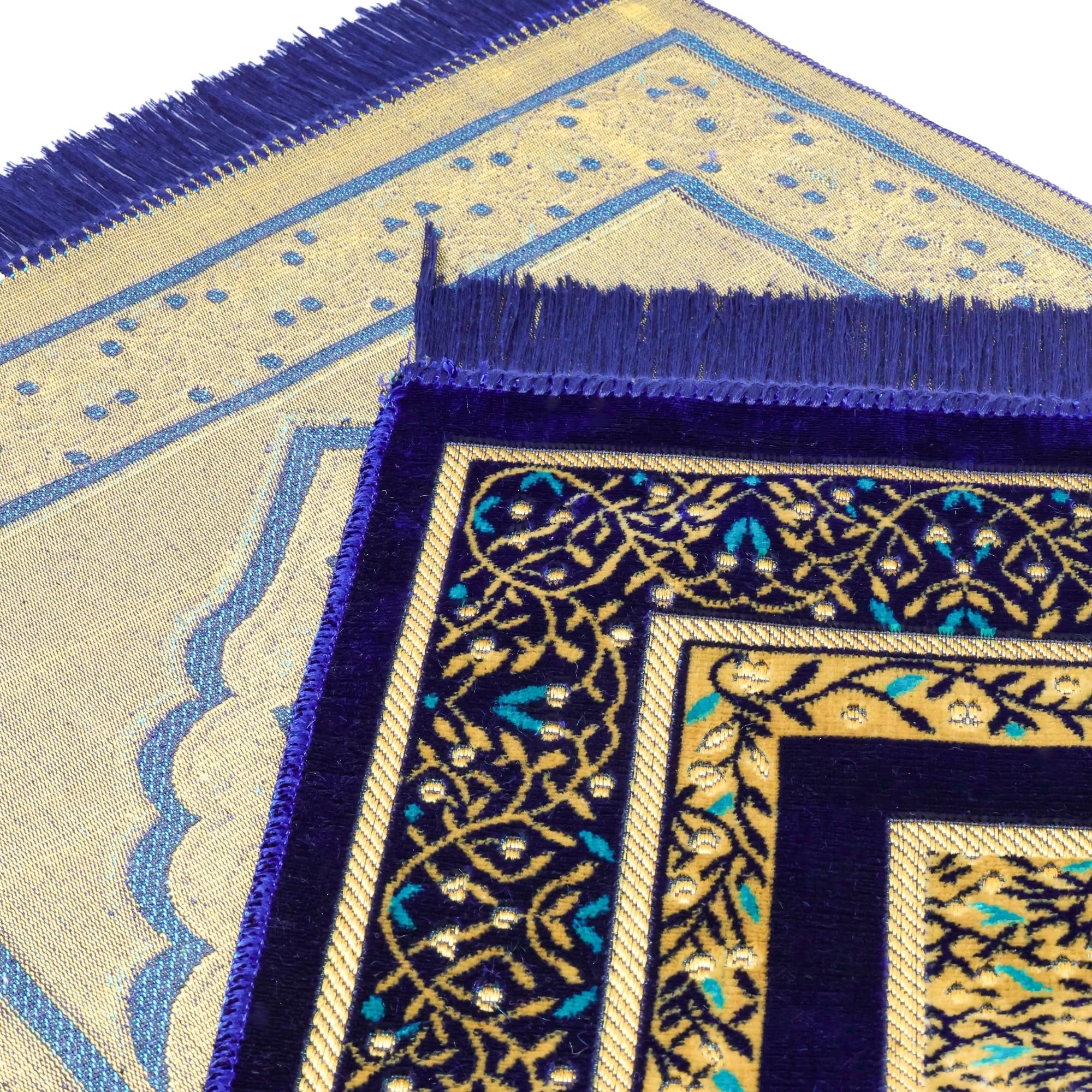 Luxury Turkish Navy & Gold Velvet Prayer Rug with Prayer Cap - Firaset