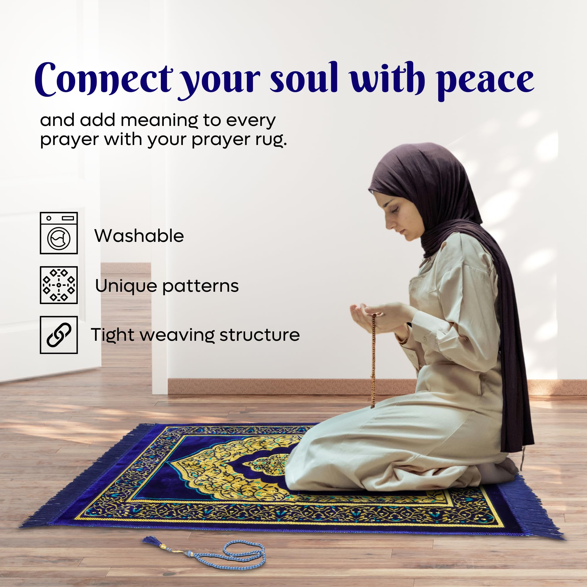 Luxury Turkish Navy & Gold Velvet Prayer Rug with Prayer Cap - Firaset