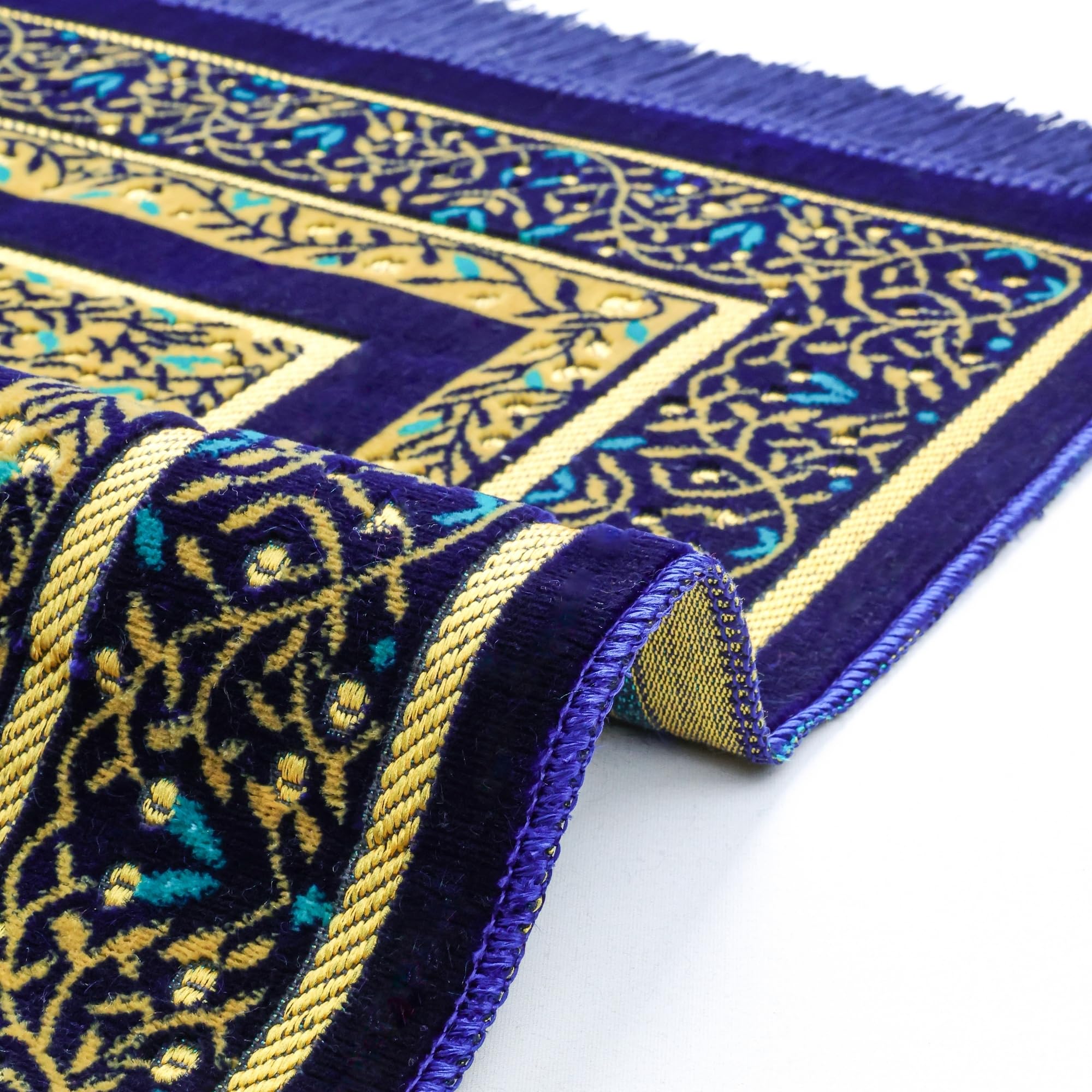 Luxury Turkish Navy & Gold Velvet Prayer Rug with Prayer Cap - Firaset