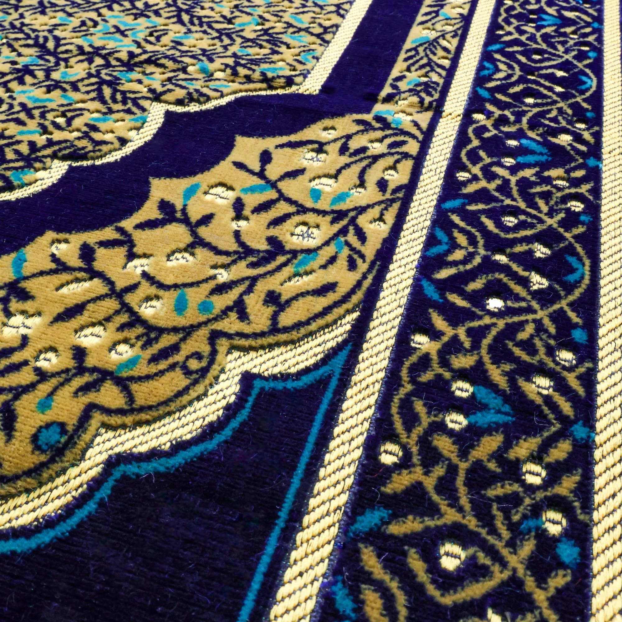 Luxury Turkish Navy & Gold Velvet Prayer Rug with Prayer Cap - Firaset