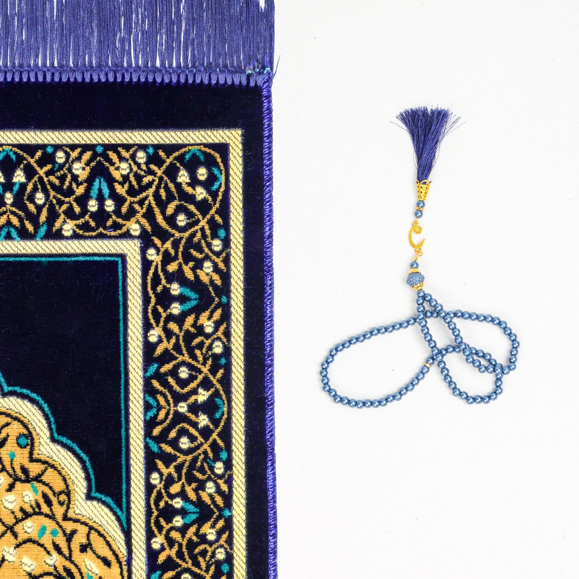 Luxury Turkish Navy & Gold Velvet Prayer Rug with Prayer Cap - Firaset