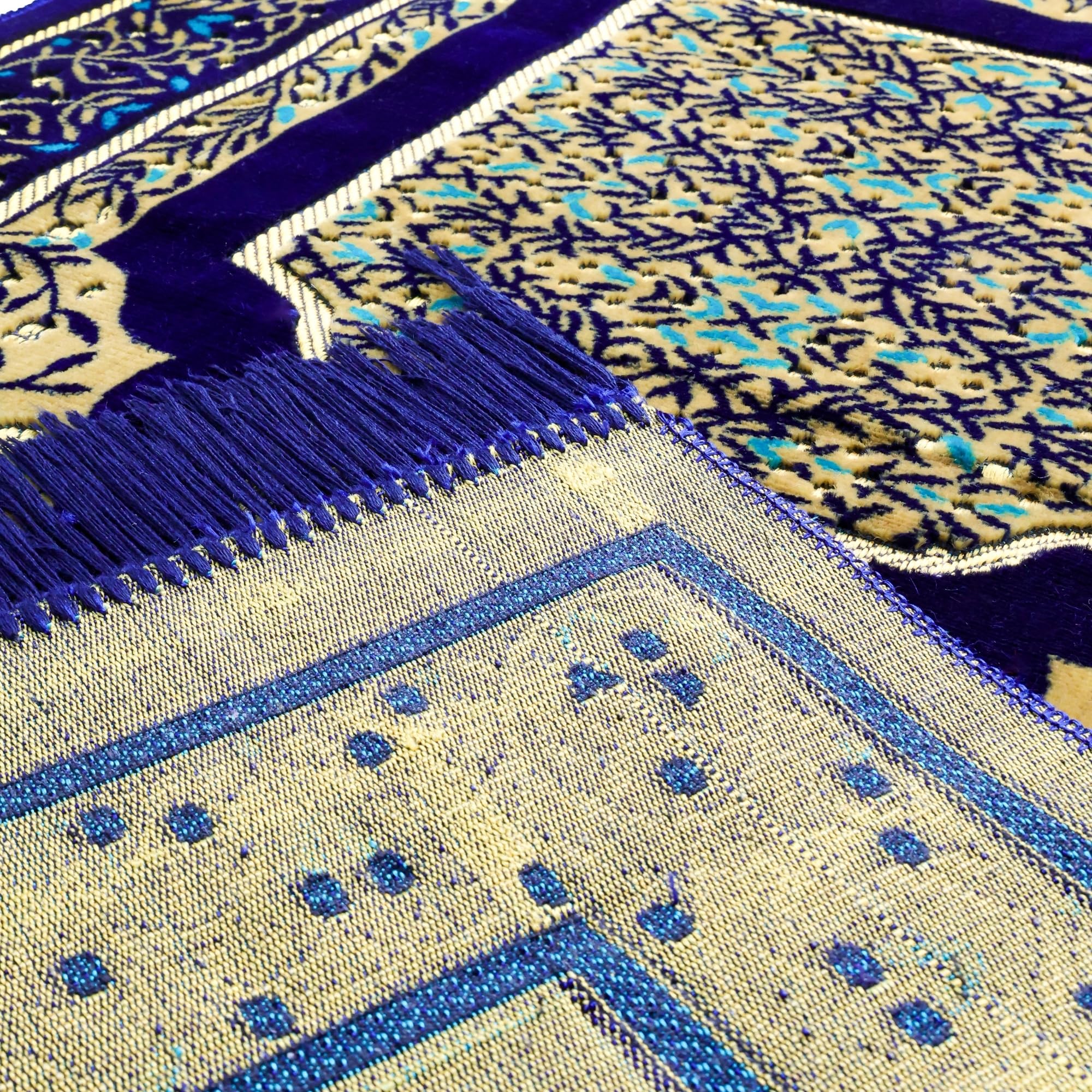 Luxury Turkish Navy & Gold Velvet Prayer Rug with Prayer Cap - Firaset