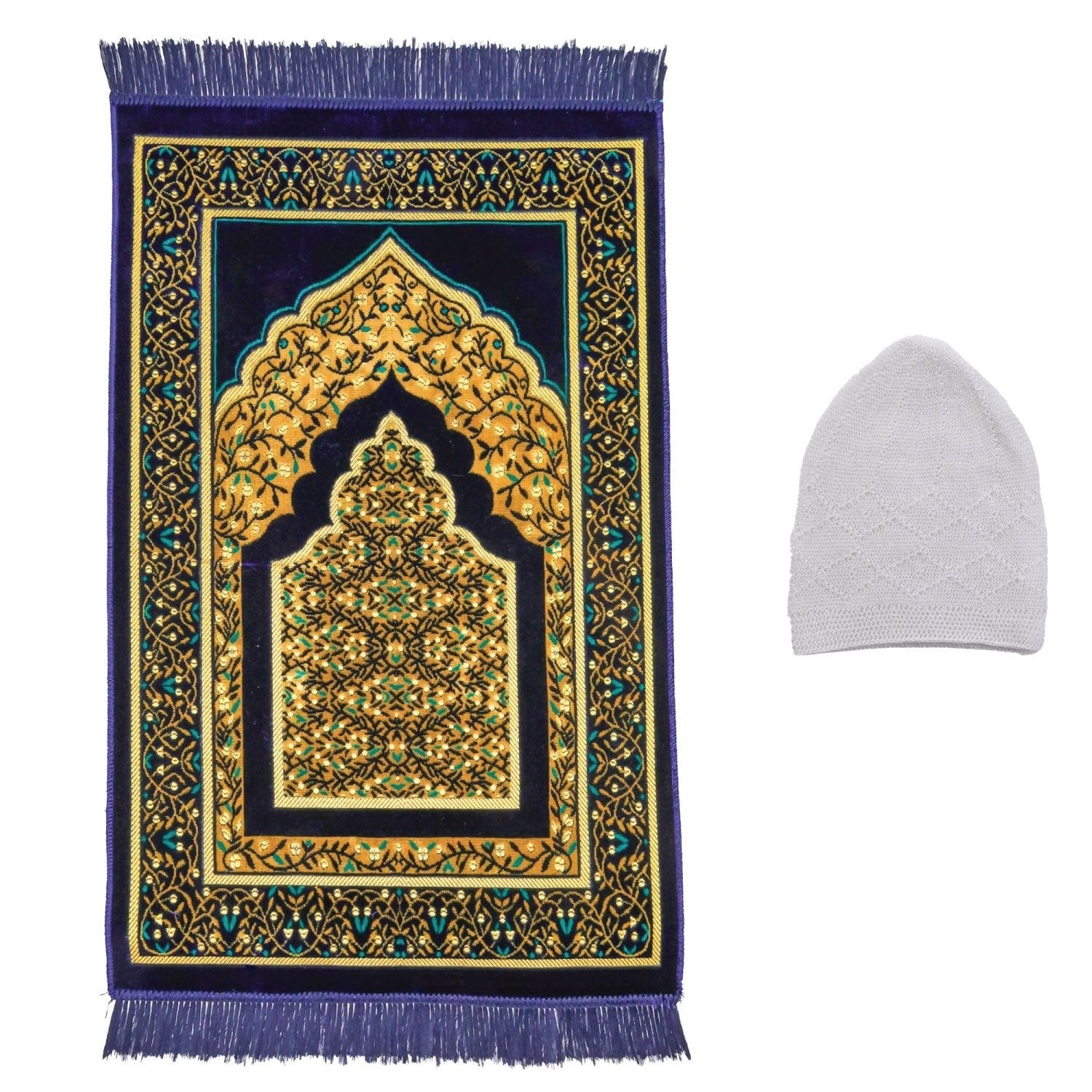 Luxury Turkish Navy & Gold Velvet Prayer Rug with Prayer Cap - Firaset