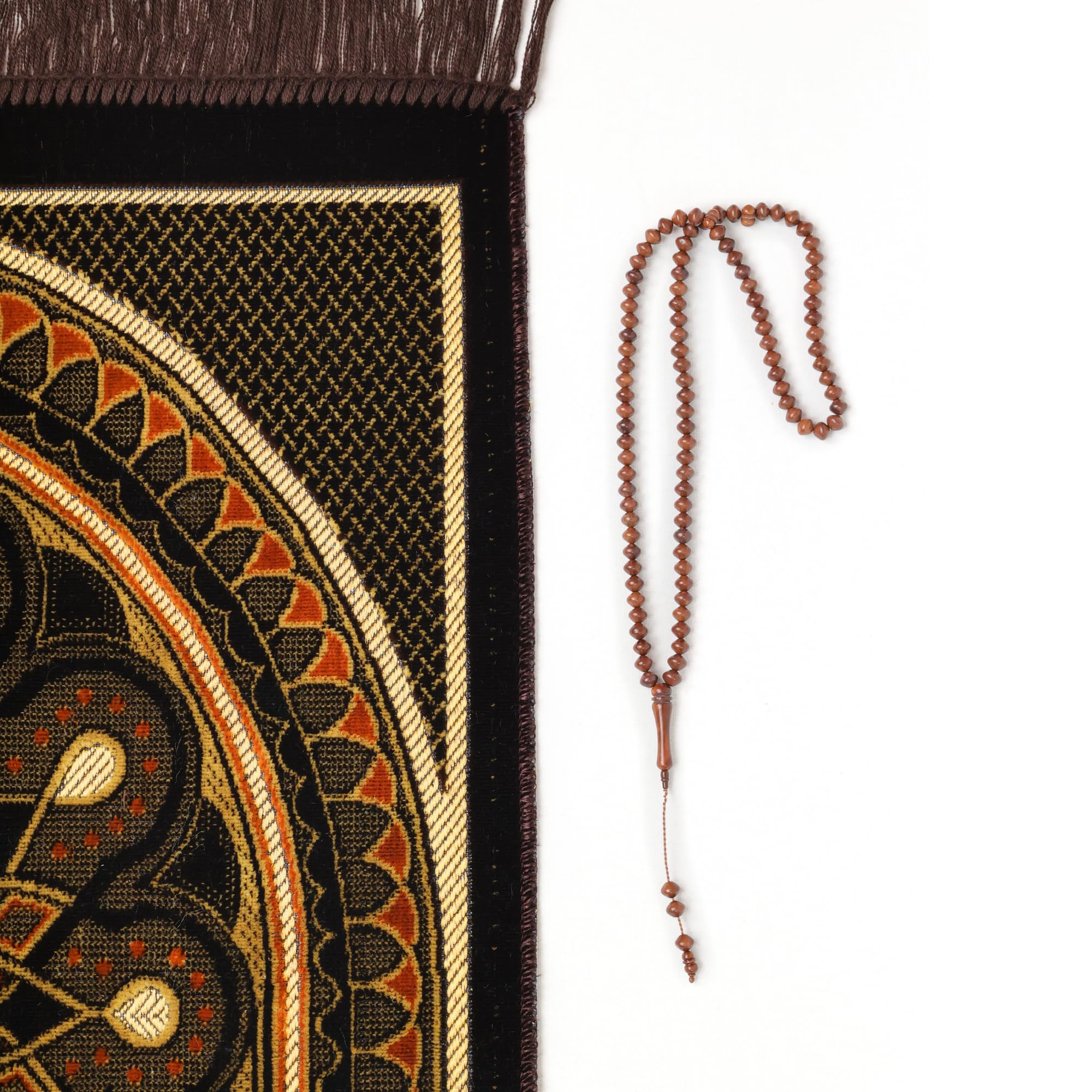 Luxury Turkish Royal Deep Brown & Gold Velvet Prayer Rug with Prayer Cap - Firaset