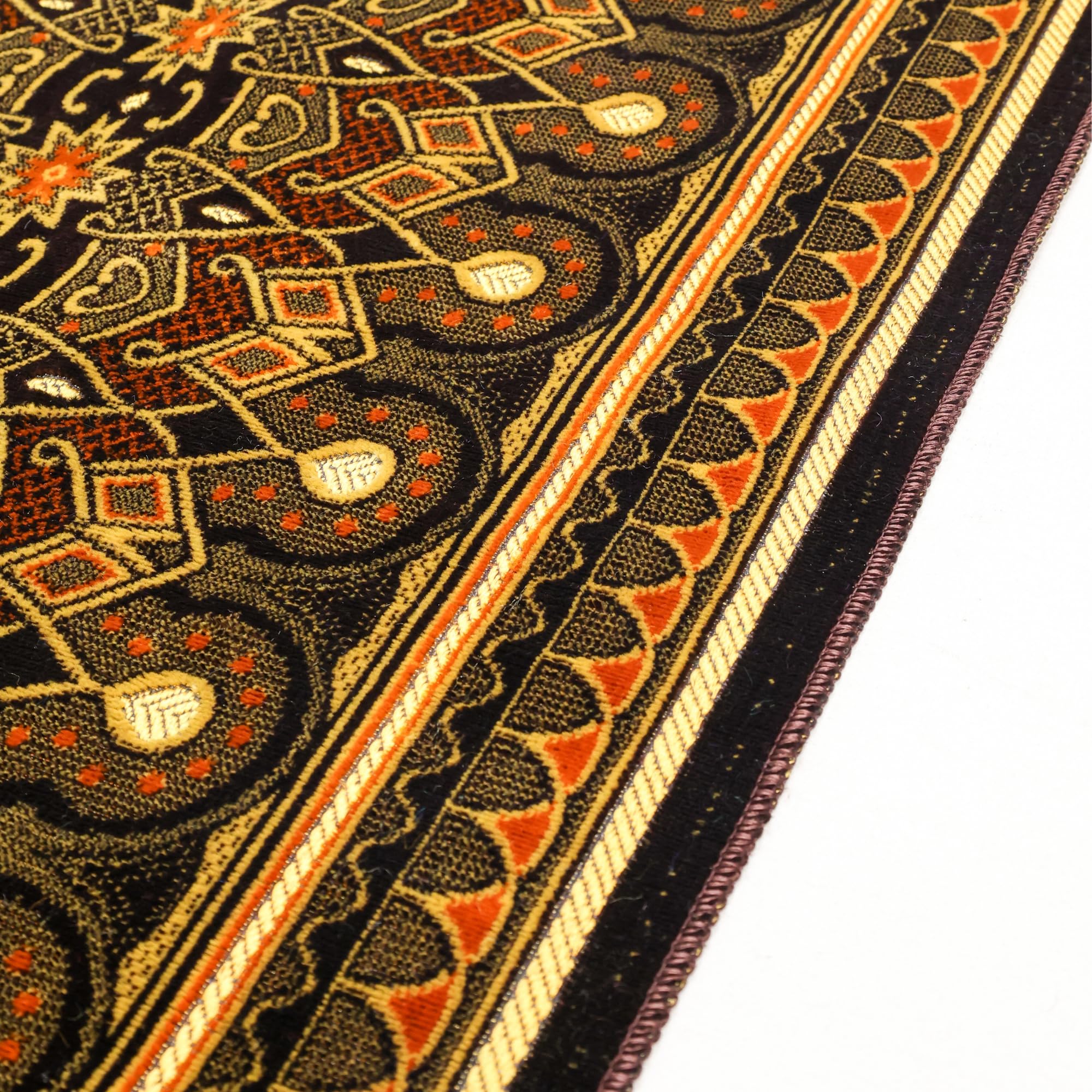 Luxury Turkish Royal Deep Brown & Gold Velvet Prayer Rug with Prayer Cap - Firaset