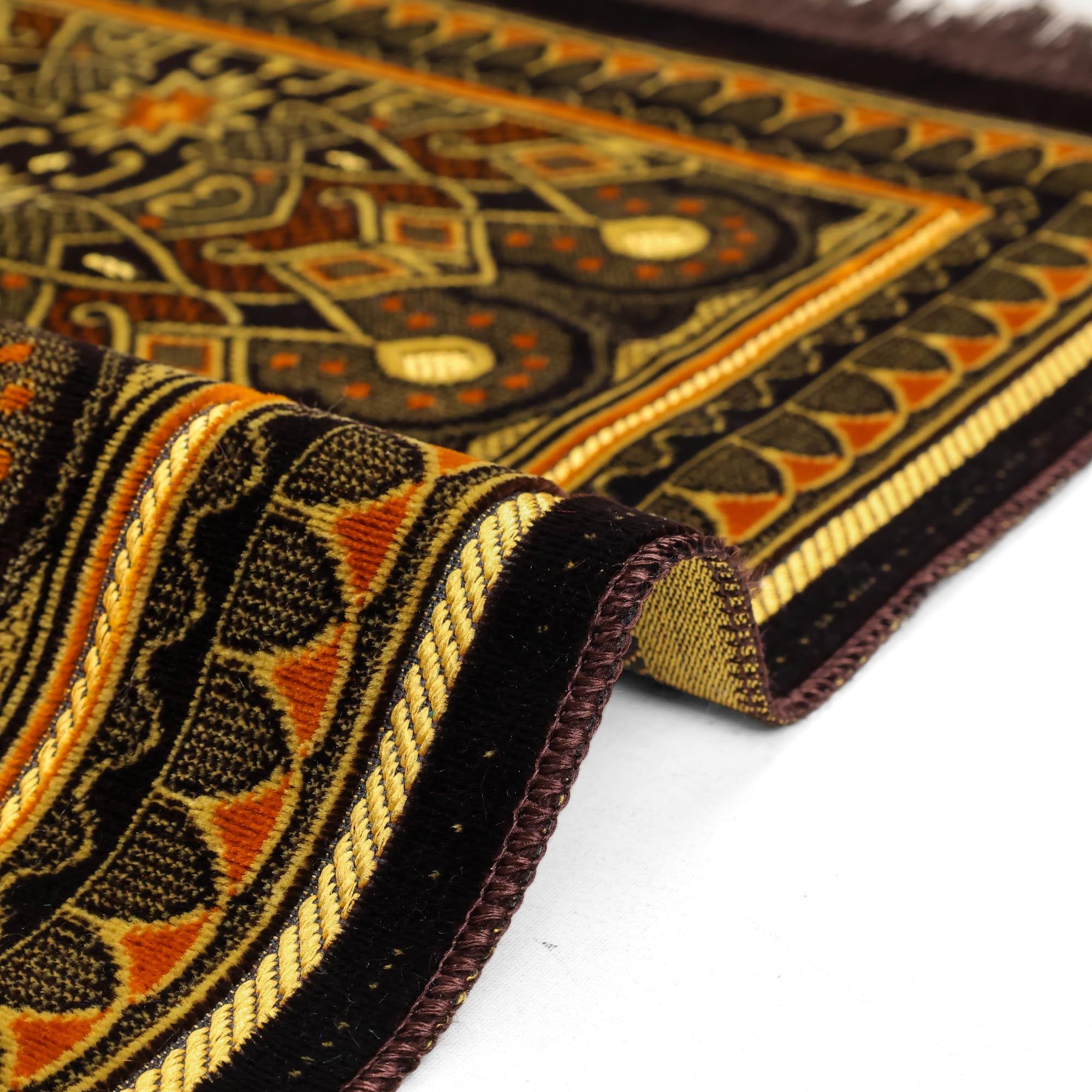 Luxury Turkish Royal Deep Brown & Gold Velvet Prayer Rug with Prayer Cap - Firaset