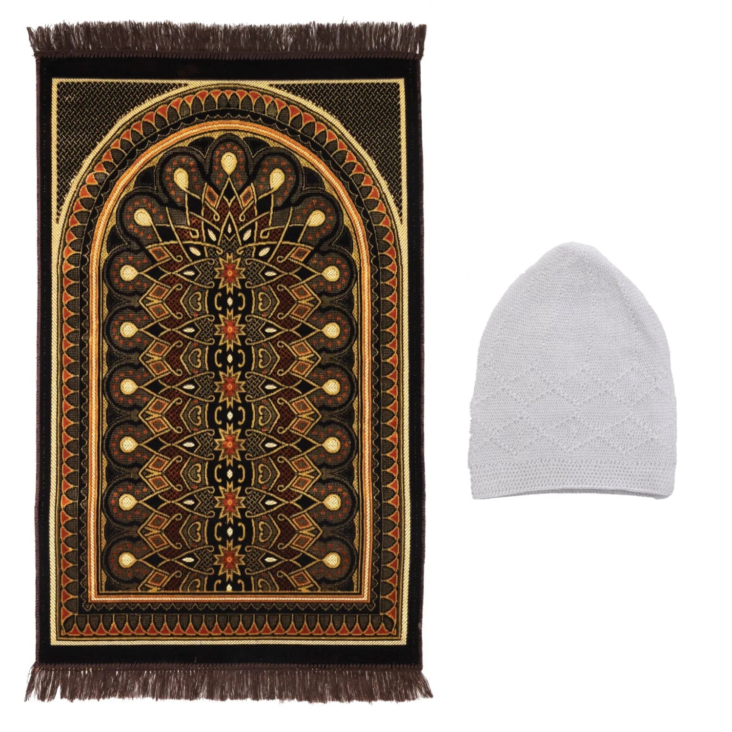 Luxury Turkish Royal Deep Brown & Gold Velvet Prayer Rug with Prayer Cap - Firaset