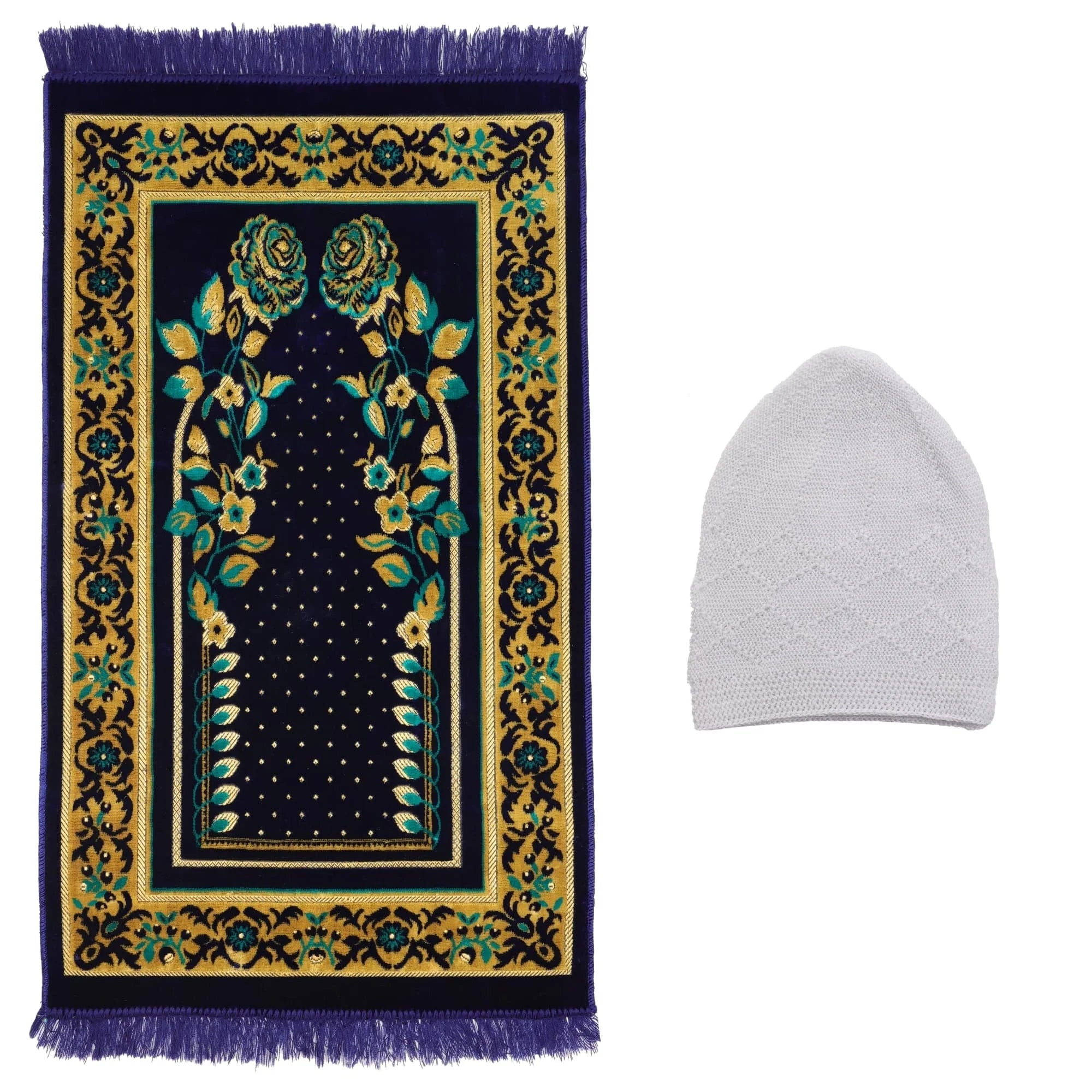 Luxury Turkish Royal Navy & Turquoise Velvet Prayer Rug with Prayer Cap - Firaset