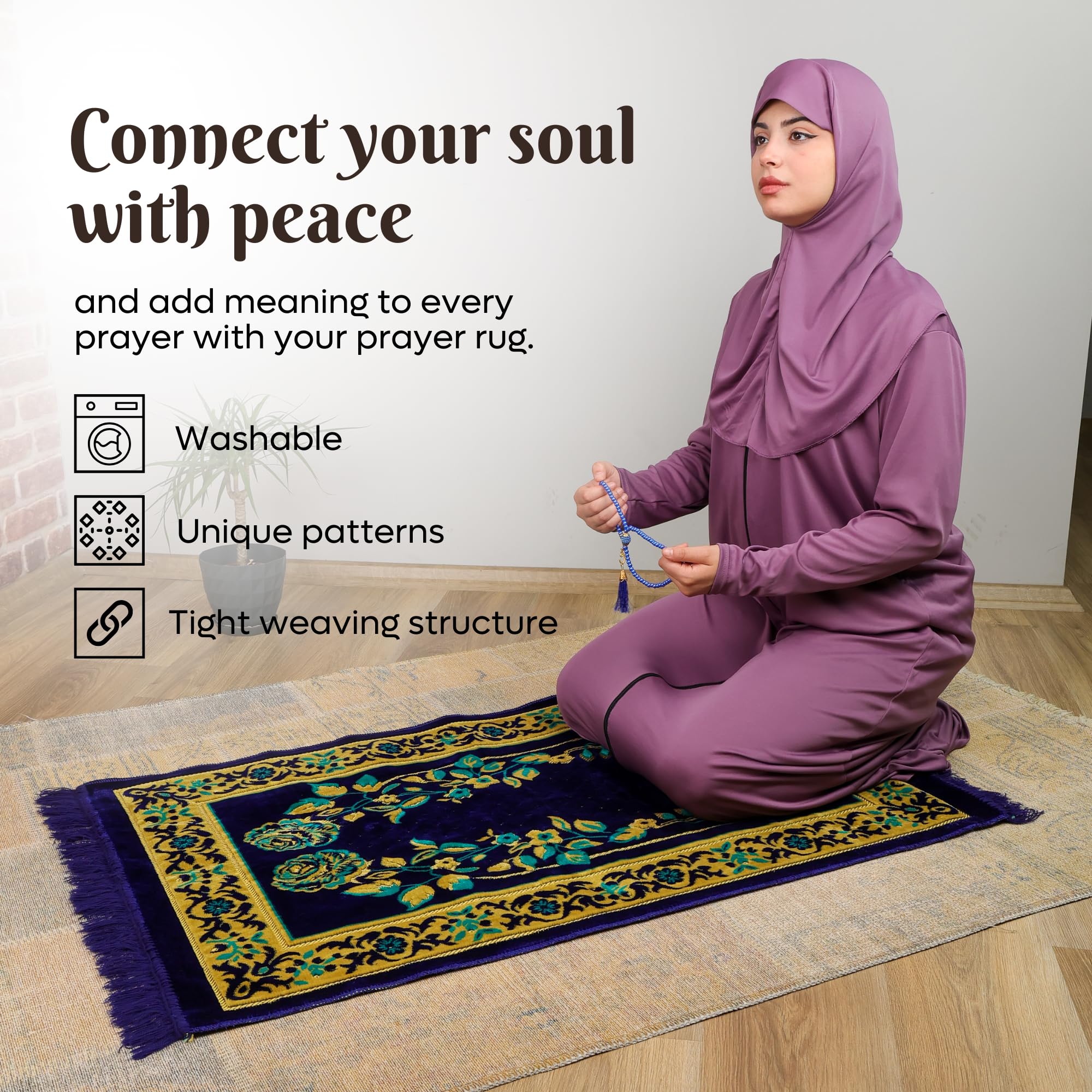 Luxury Turkish Royal Navy & Turquoise Velvet Prayer Rug with Prayer Cap - Firaset