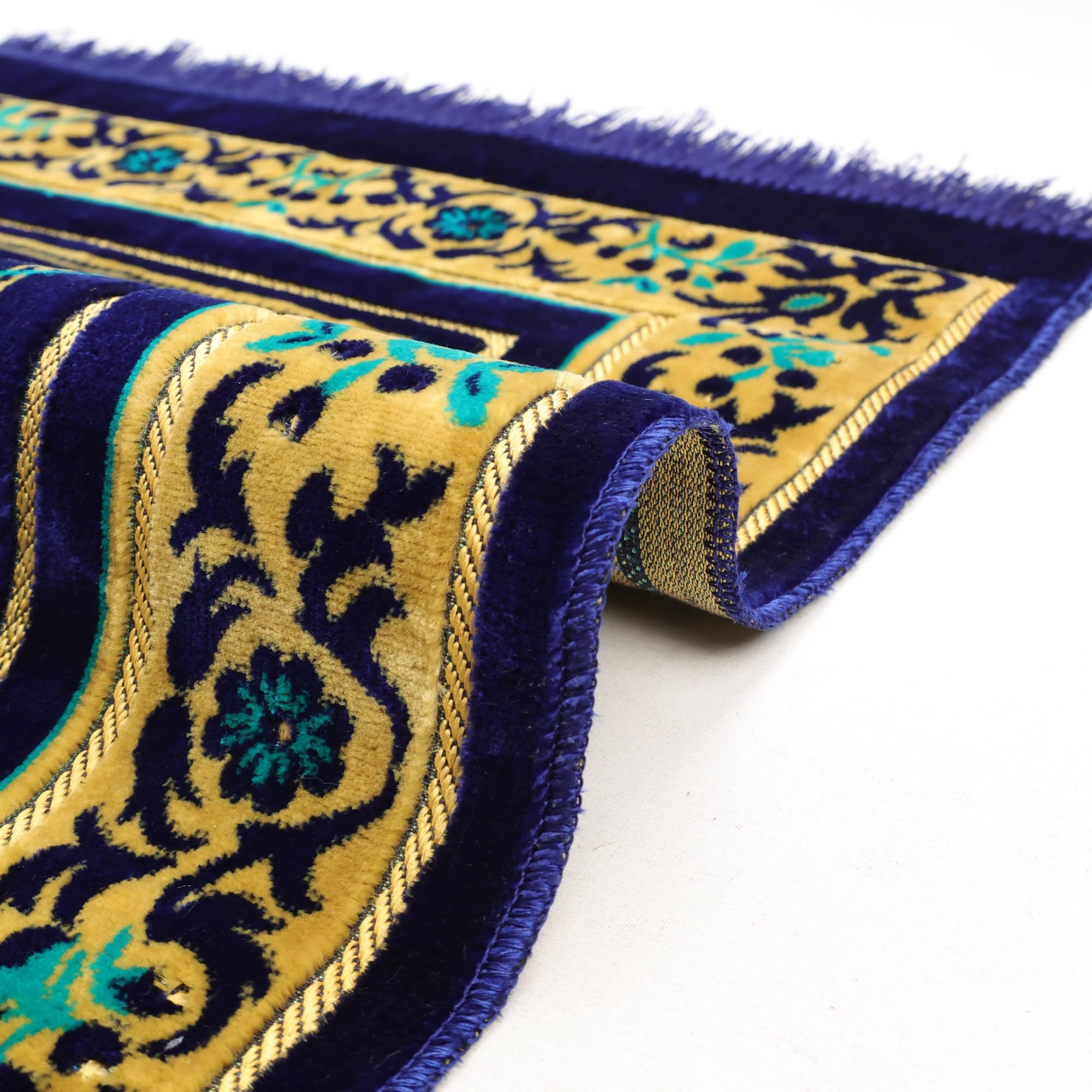 Luxury Turkish Royal Navy & Turquoise Velvet Prayer Rug with Prayer Cap - Firaset