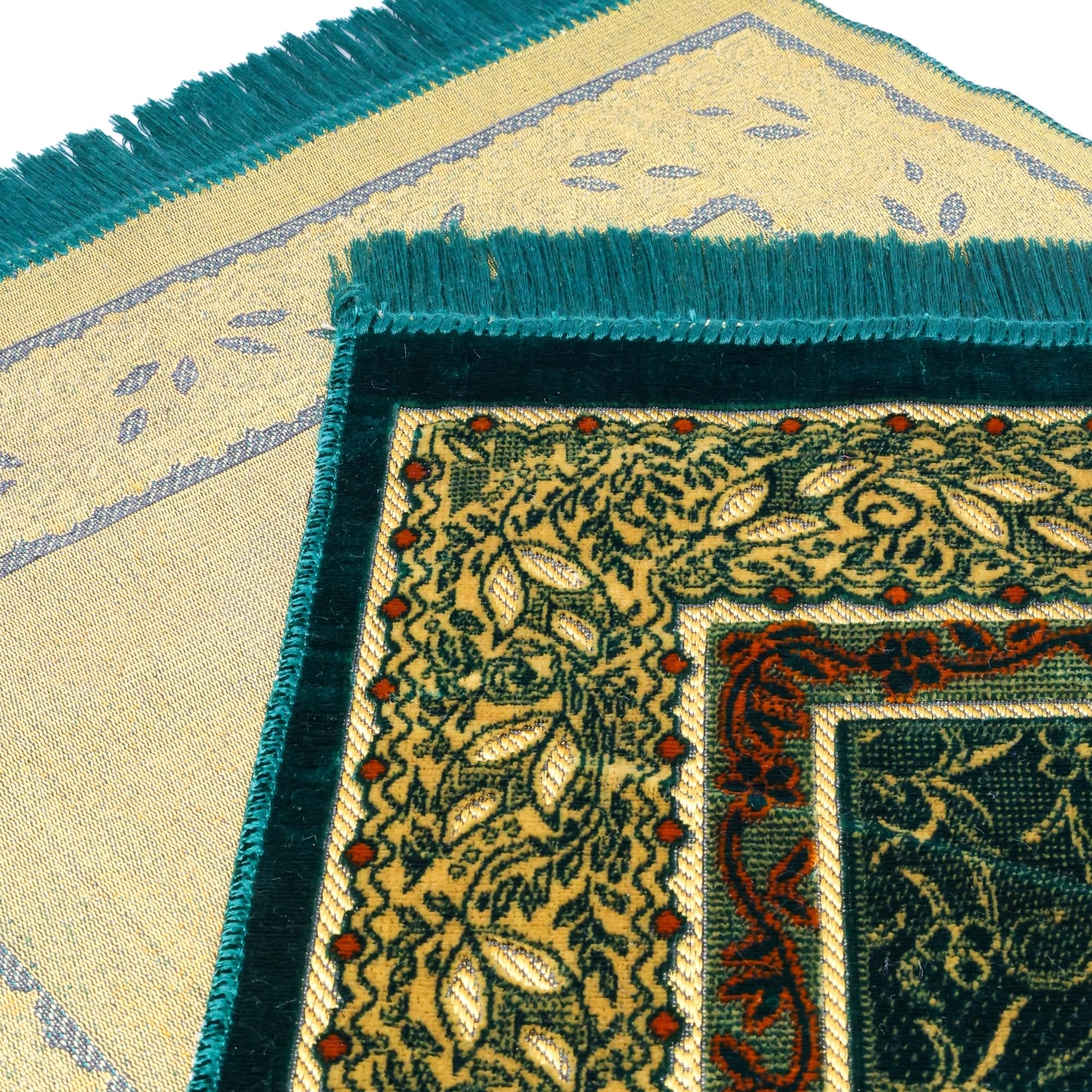 Luxury Turkish Teal Green Velvet Prayer Rug with Prayer Cap - Firaset