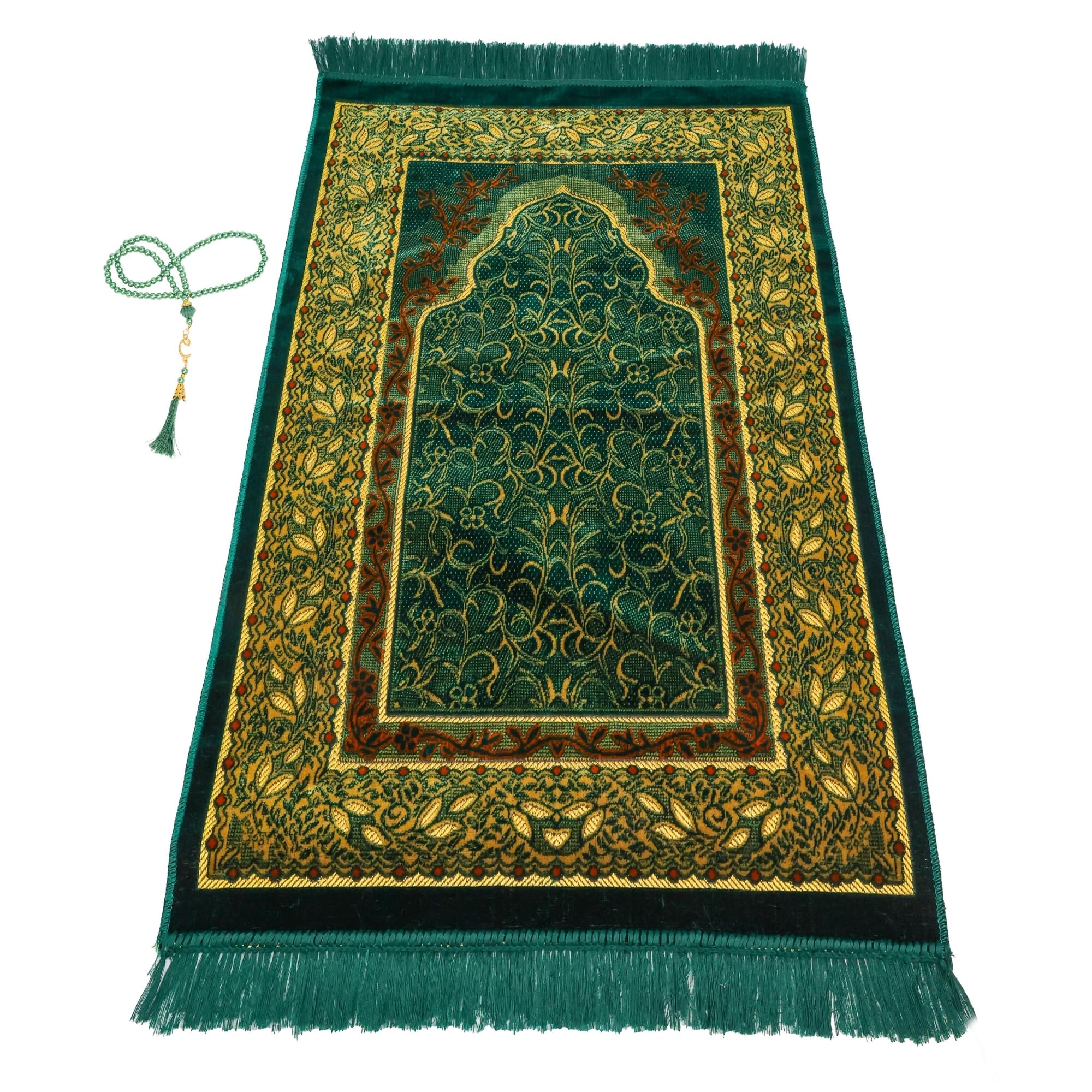 Luxury Turkish Teal Green Velvet Prayer Rug with Prayer Cap - Firaset