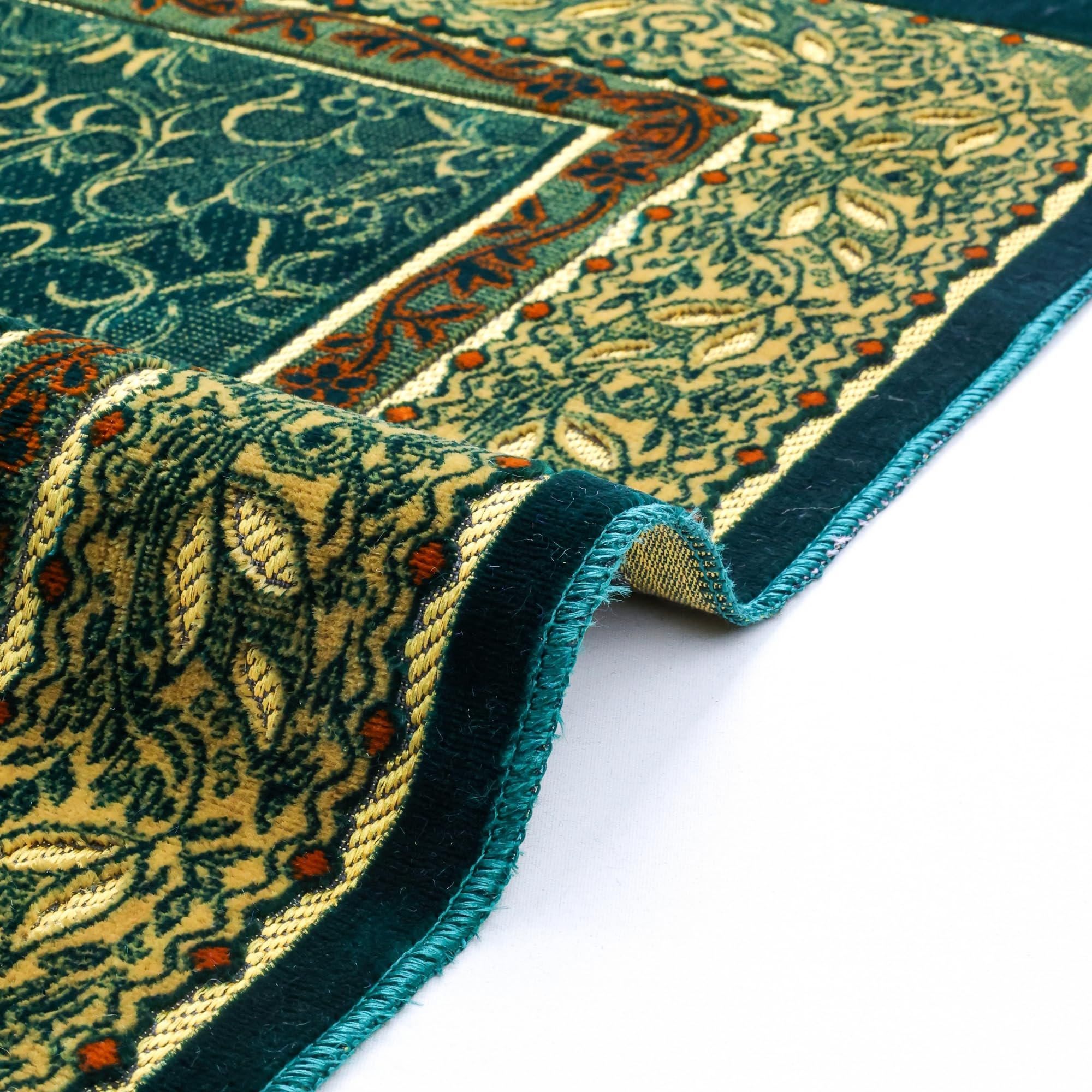 Luxury Turkish Teal Green Velvet Prayer Rug with Prayer Cap - Firaset