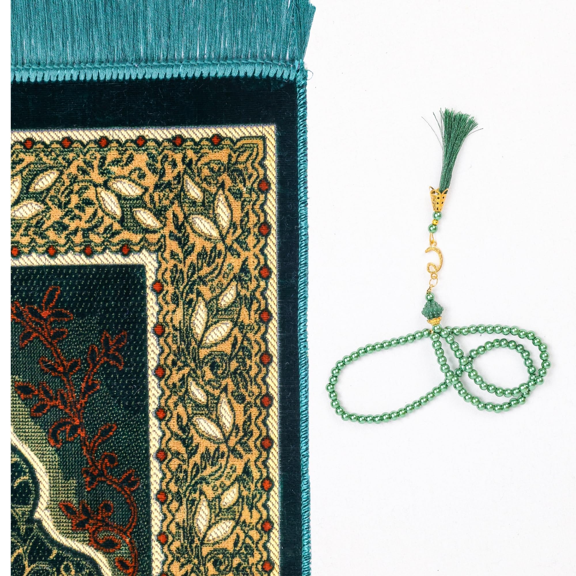 Luxury Turkish Teal Green Velvet Prayer Rug with Prayer Cap - Firaset