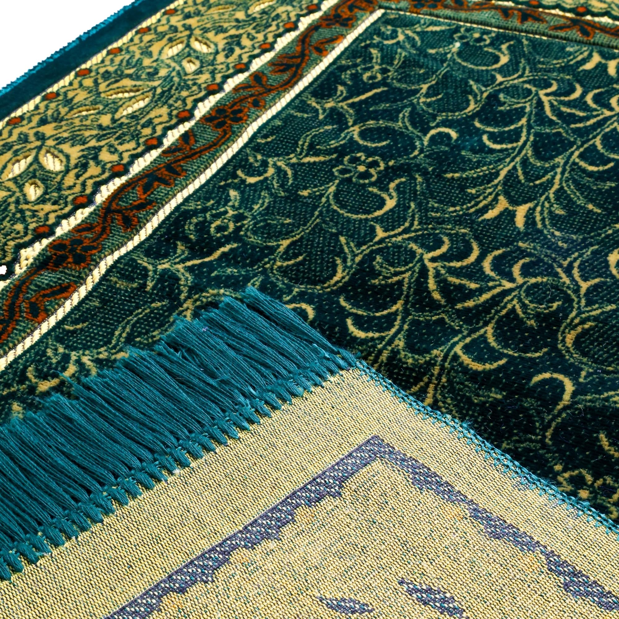Luxury Turkish Teal Green Velvet Prayer Rug with Prayer Cap - Firaset