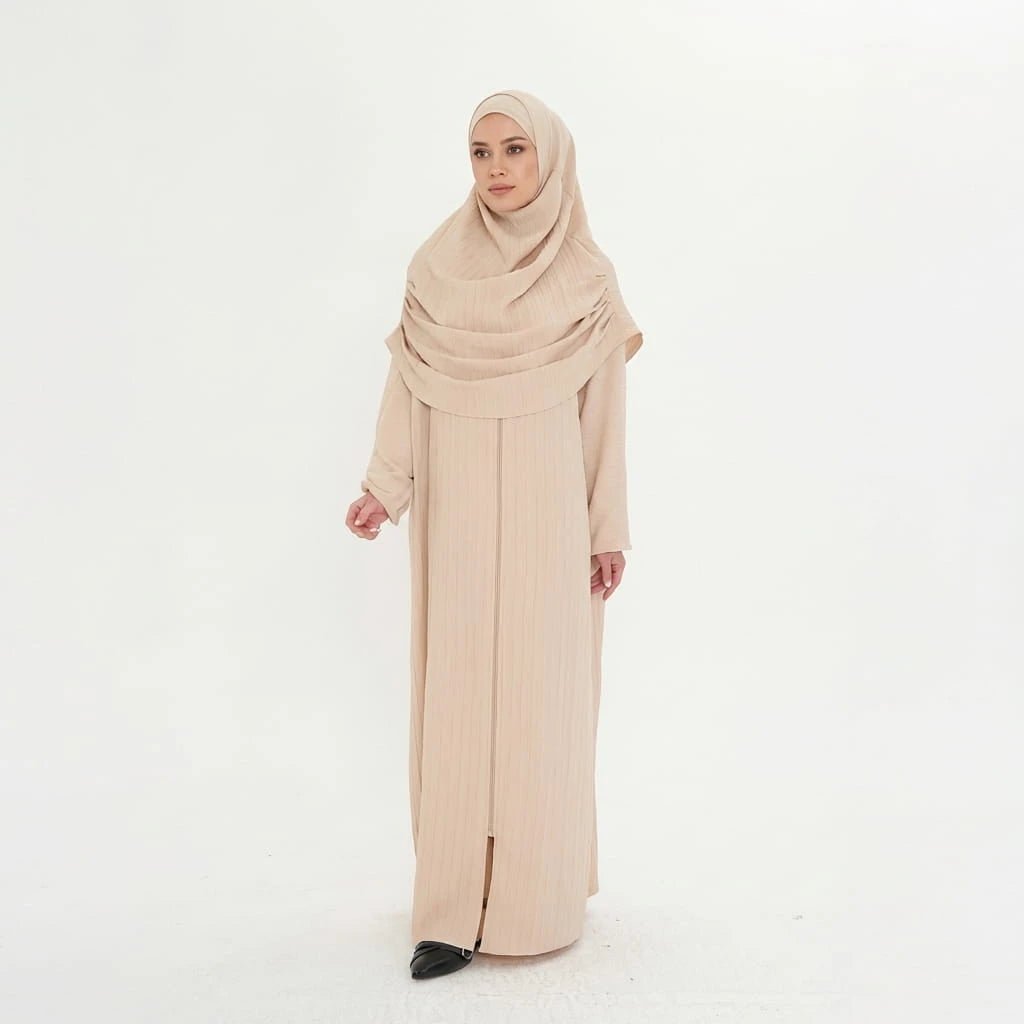Neva 2 - Piece Women's Islamic Beige Prayer Dress with Zipper - Top, Skirt & Bag - Firaset