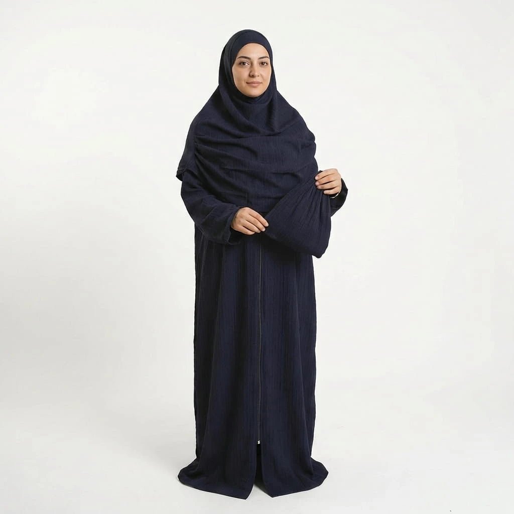 Neva 2 - Piece Women's Islamic Navy Blue Prayer Dress with Zipper - Top, Skirt & Bag - Firaset