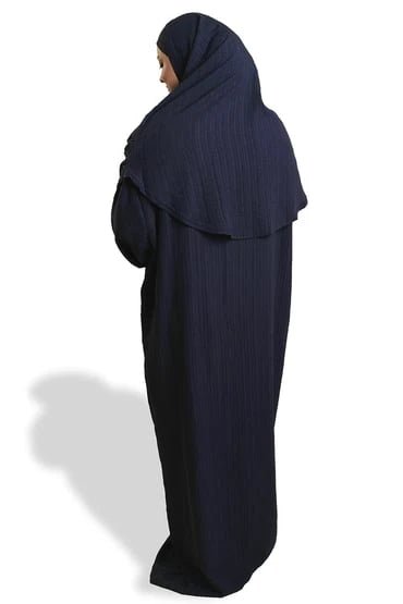 Neva 2 - Piece Women's Islamic Navy Blue Prayer Dress with Zipper - Top, Skirt & Bag - Firaset