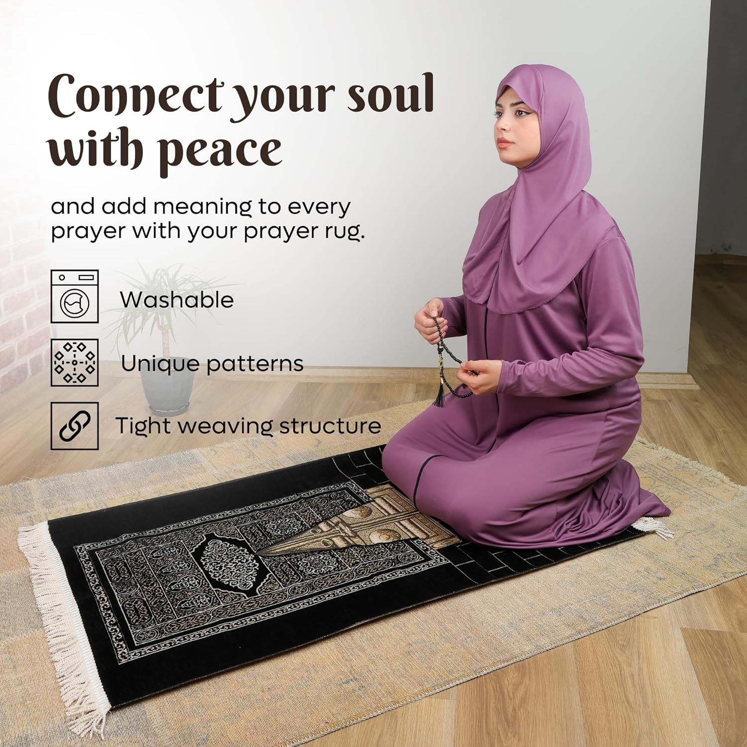 Turkish Velvet Muslim Prayer Rug – Soft Plush Islamic Sajada Mat (2'2" x 3'7") – Elegant Black & Gold Design - Firaset