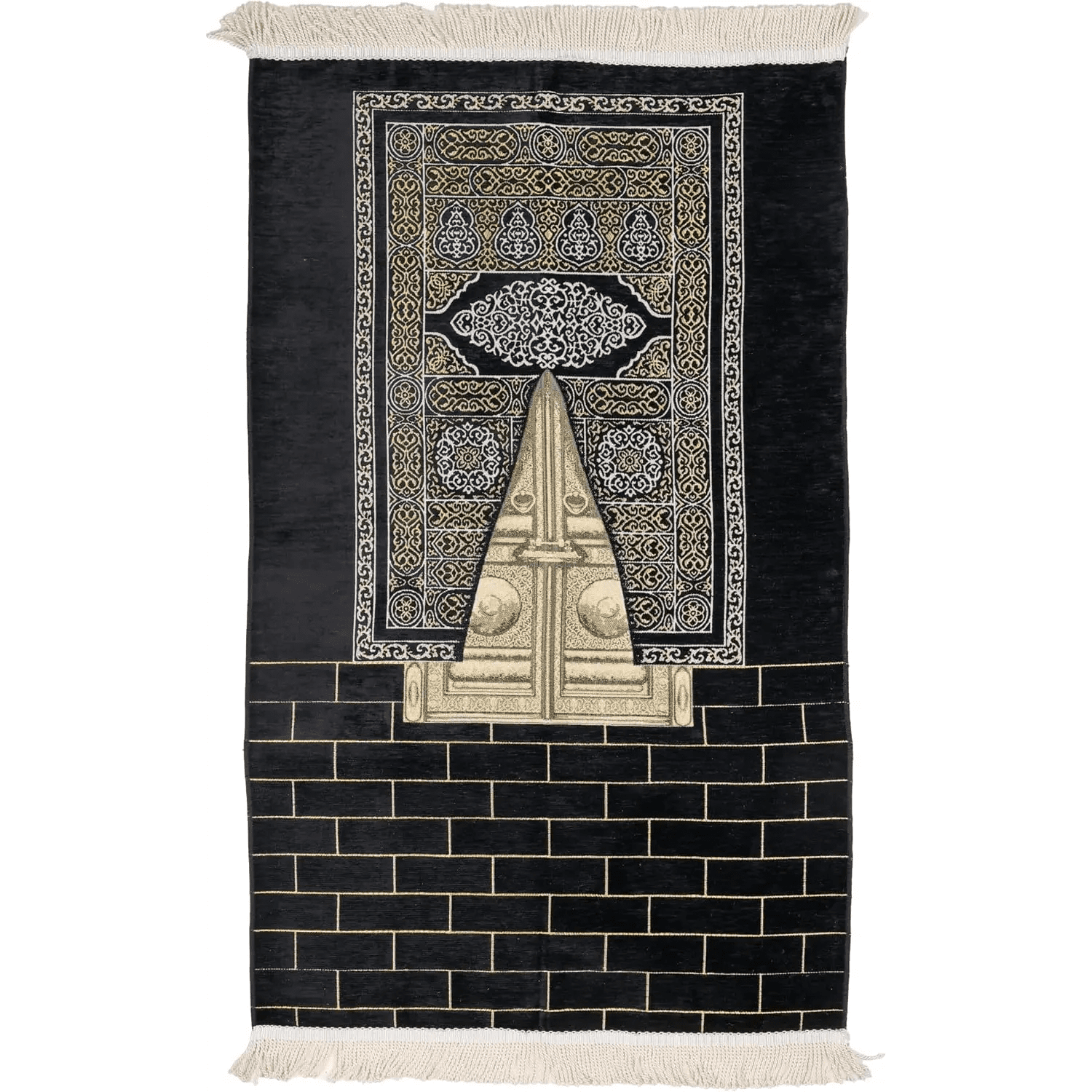 Turkish Velvet Muslim Prayer Rug – Soft Plush Islamic Sajada Mat (2'2" x 3'7") – Elegant Black & Gold Design - Firaset