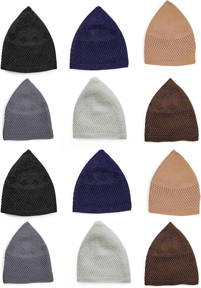 12 Piece Turkish Velvet Crochet Kufi Hat for Men – Breathable Stretch Islamic Prayer Cap (Standard Fit) - Firaset