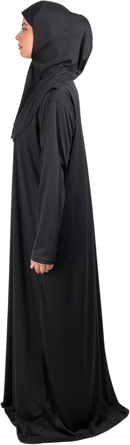 Women’s Black Prayer Abaya Dress – Zip Front Long Sleeve Modest Islamic Kaftan (Floor Length)