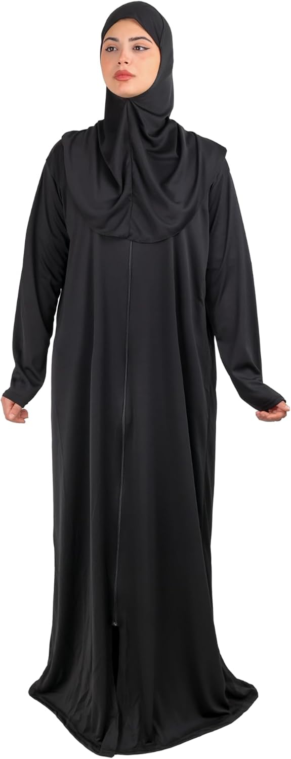 Women’s Black Prayer Abaya Dress – Zip Front Long Sleeve Modest Islamic Kaftan (Floor Length)
