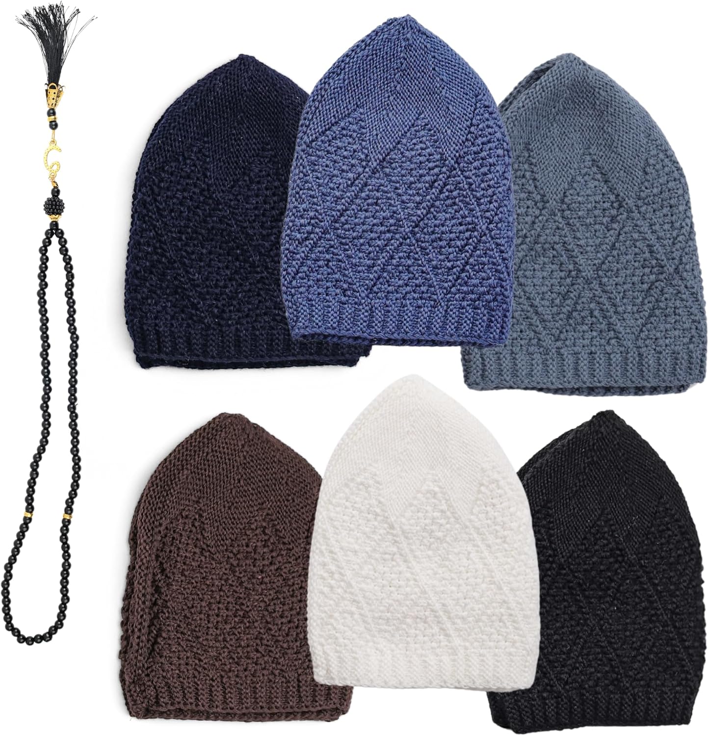 6 Piece Men’s Turkish Velvet Knit Kufi Caps – Breathable Stretch Islamic Prayer Skull Hats (Standard Fit) - Firaset