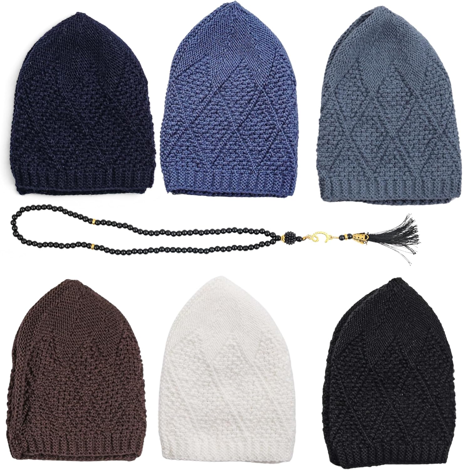 6 Piece Men’s Turkish Velvet Knit Kufi Caps – Breathable Stretch Islamic Prayer Skull Hats (Standard Fit) - Firaset