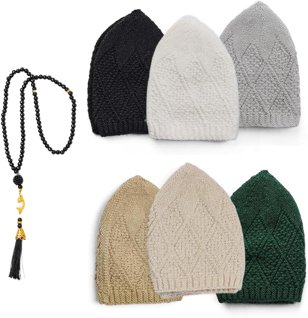 6 Piece Turkish Velvet Crochet Kufi Hats for Men – Breathable Stretch Islamic Prayer Caps (Standard Fit) - Firaset