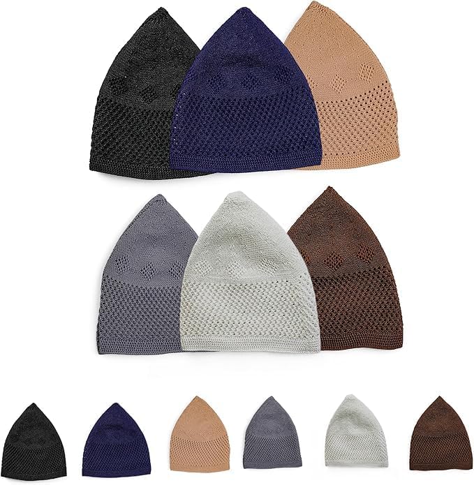 6 Piece Turkish Velvet Crochet Kufi Hats – Men’s Breathable Stretch Islamic Prayer Caps (Standard Fit)