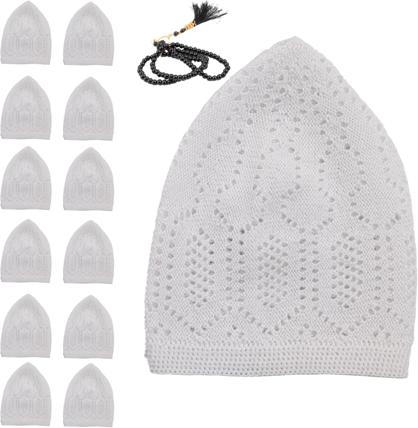 6 Piece Turkish White Velvet Crochet Kufi Hat for Men – Breathable Stretch Islamic Prayer Cap (Standard Fit)