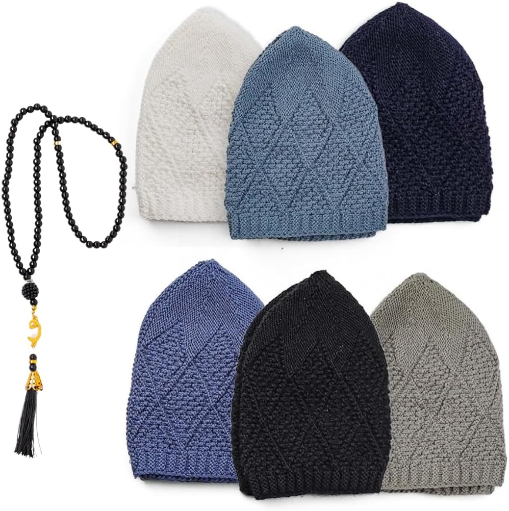 6 Piece Turkish Knit Kufi Caps for Men – Breathable Velvet Islamic Prayer Skull Hats (Stretch Standard Fit)