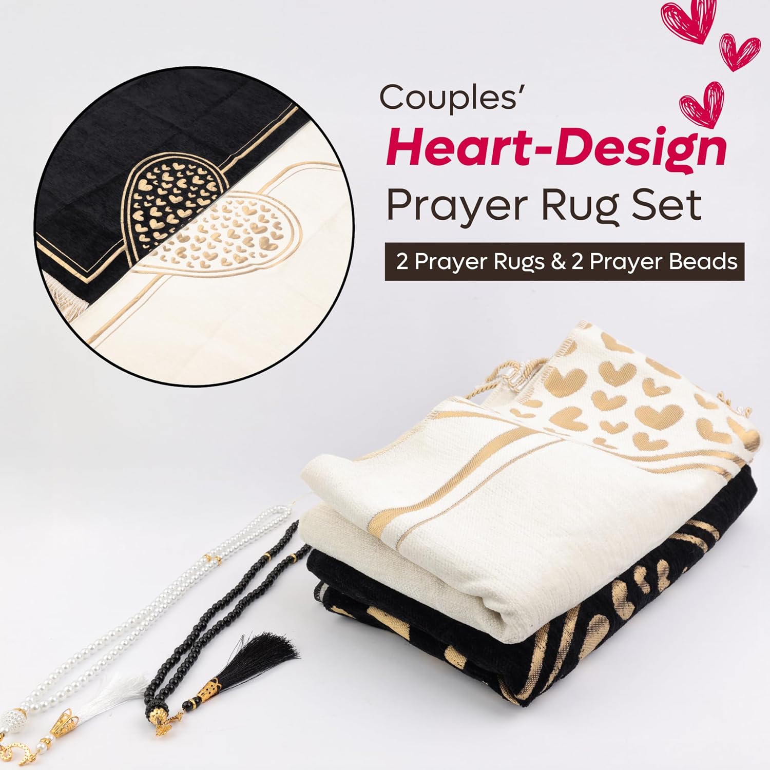 Couples Muslim Prayer Rug Set – 2 Soft Chenille Sajada Mats with Tasbih, White & Black Heart Design, Ramadan & Eid Islamic Gift