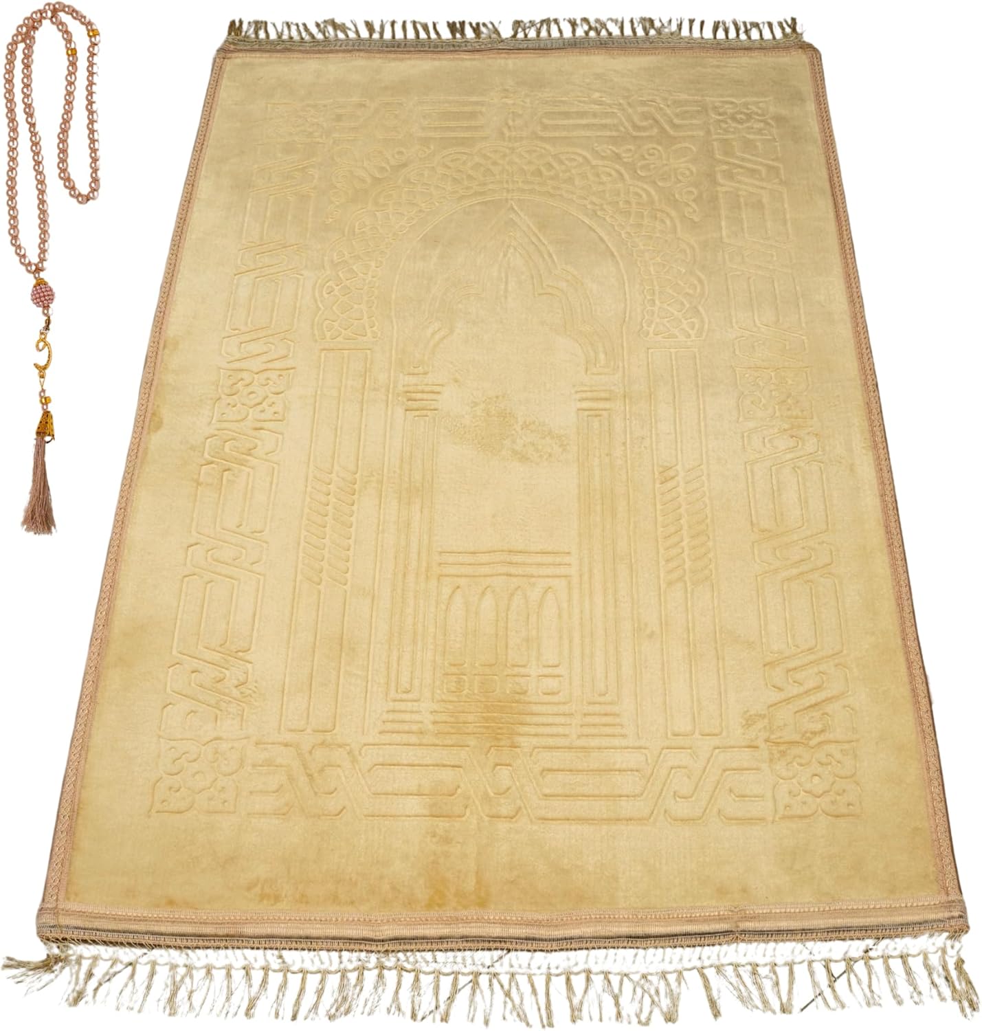 Luxury Turkish Velvet Prayer Rug – Dark Yellow Gold Embossed Floral Design with Tasbeeh