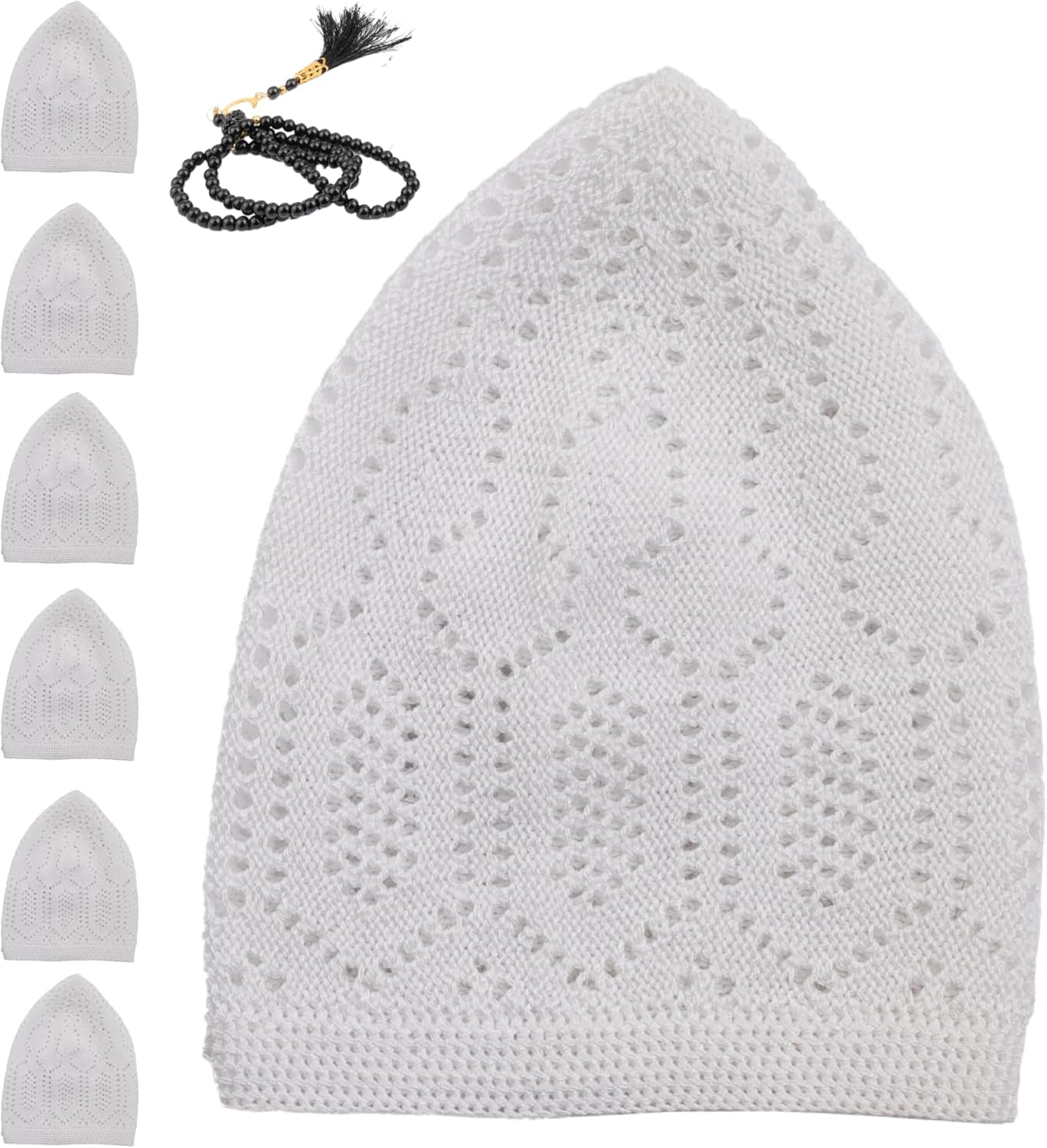6 Piece Turkish White Velvet Crochet Kufi Hat for Men – Breathable Stretch Islamic Prayer Cap (Standard Fit)