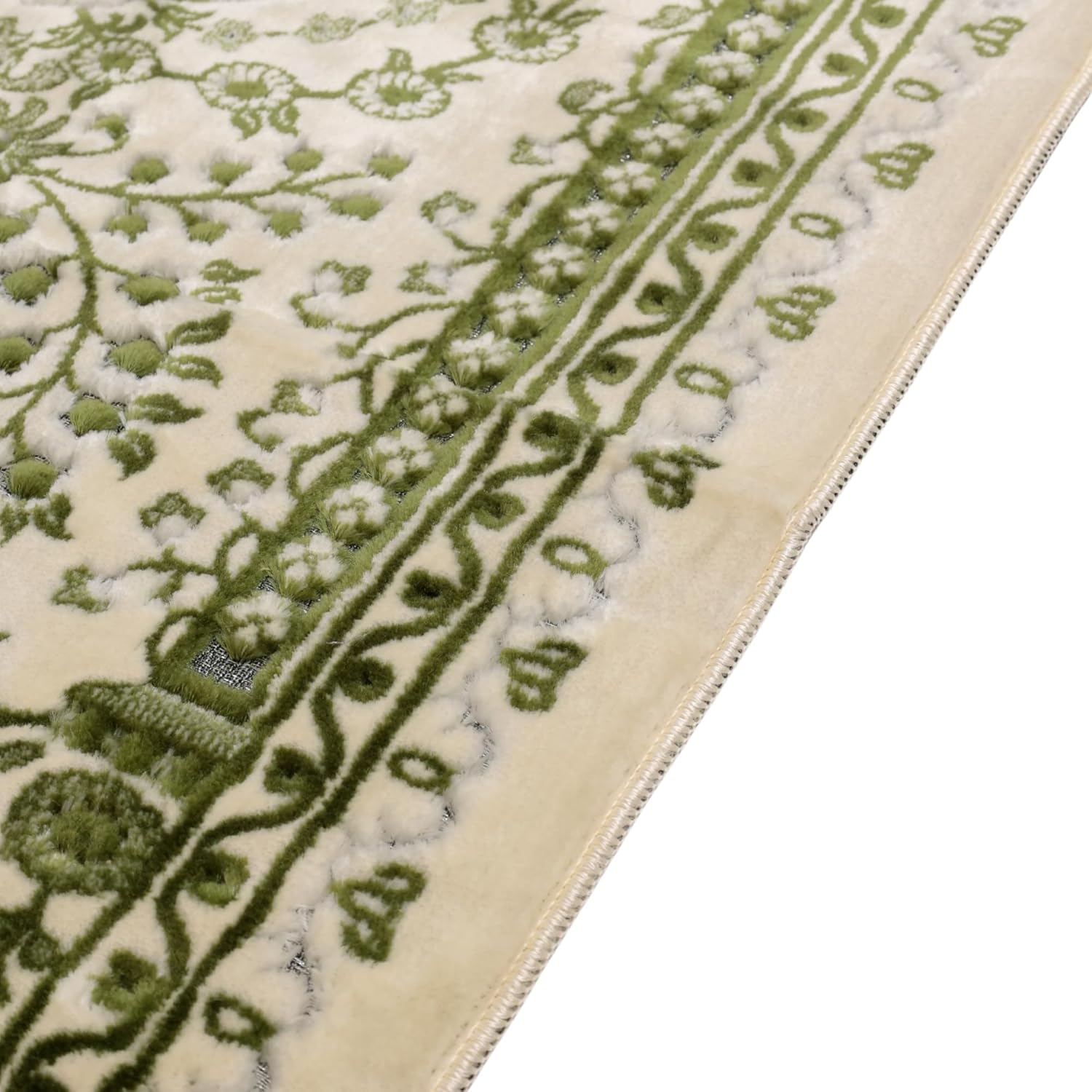 Luxury Soft Plush Velvet Prayer Rug – Sage Green & Cream Botanical Design