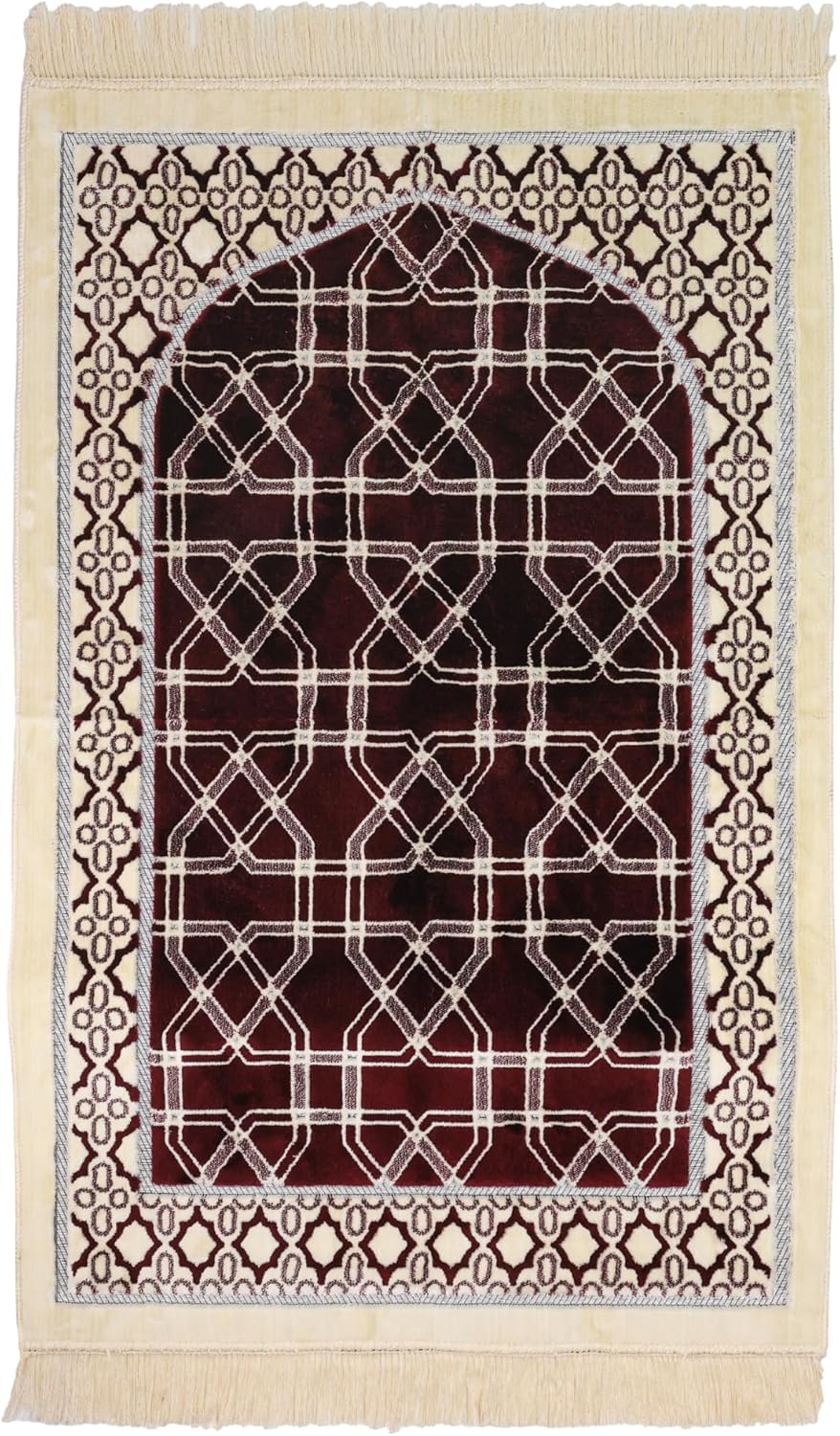 Luxury Soft Plush Velvet Prayer Rug – Burgundy & Cream Geometric Lattice Design