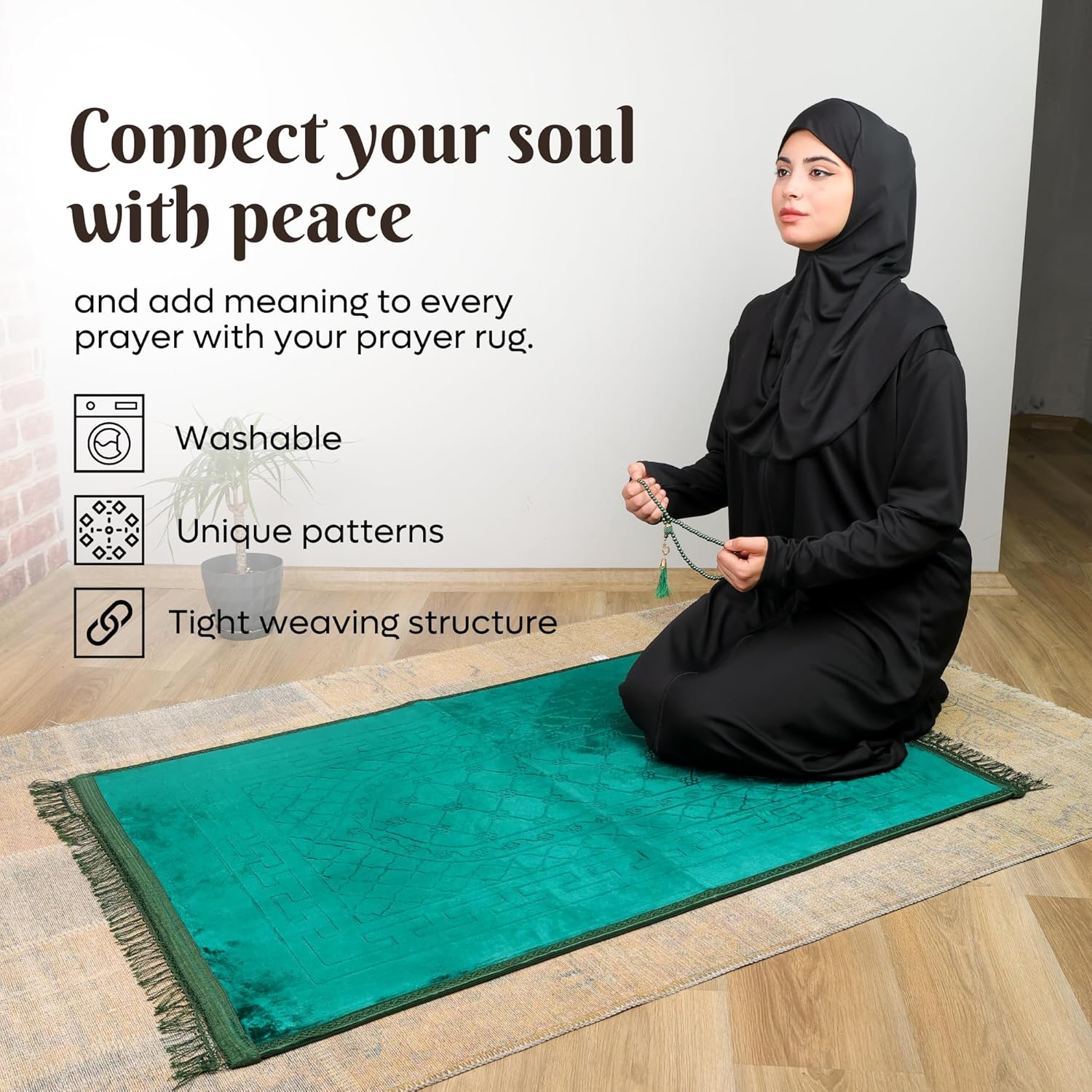 Luxury Soft Plush Velvet Prayer Rug – Dark Green Embossed Floral Design