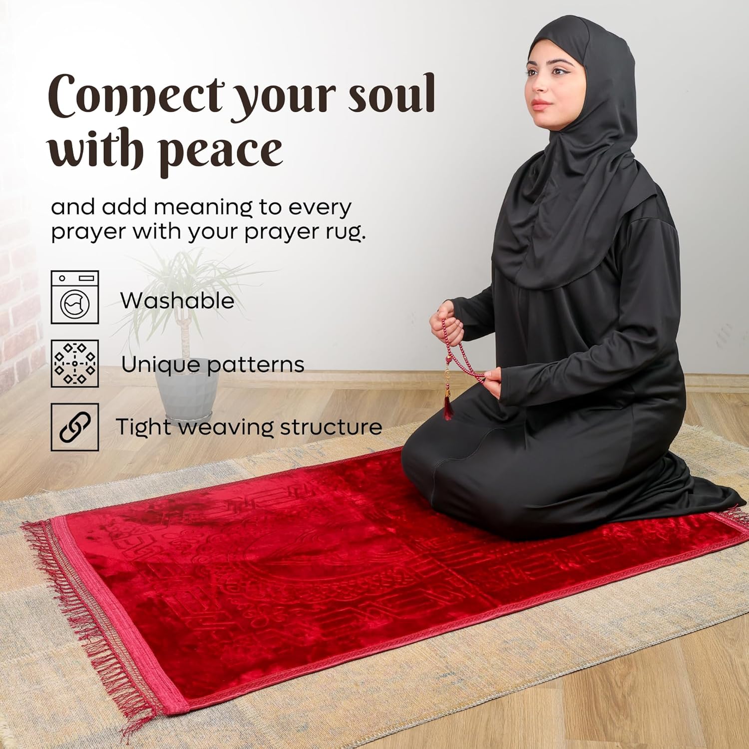 Luxury Turkish Velvet Prayer Rug – Red Embossed Floral Design with Tasbeeh