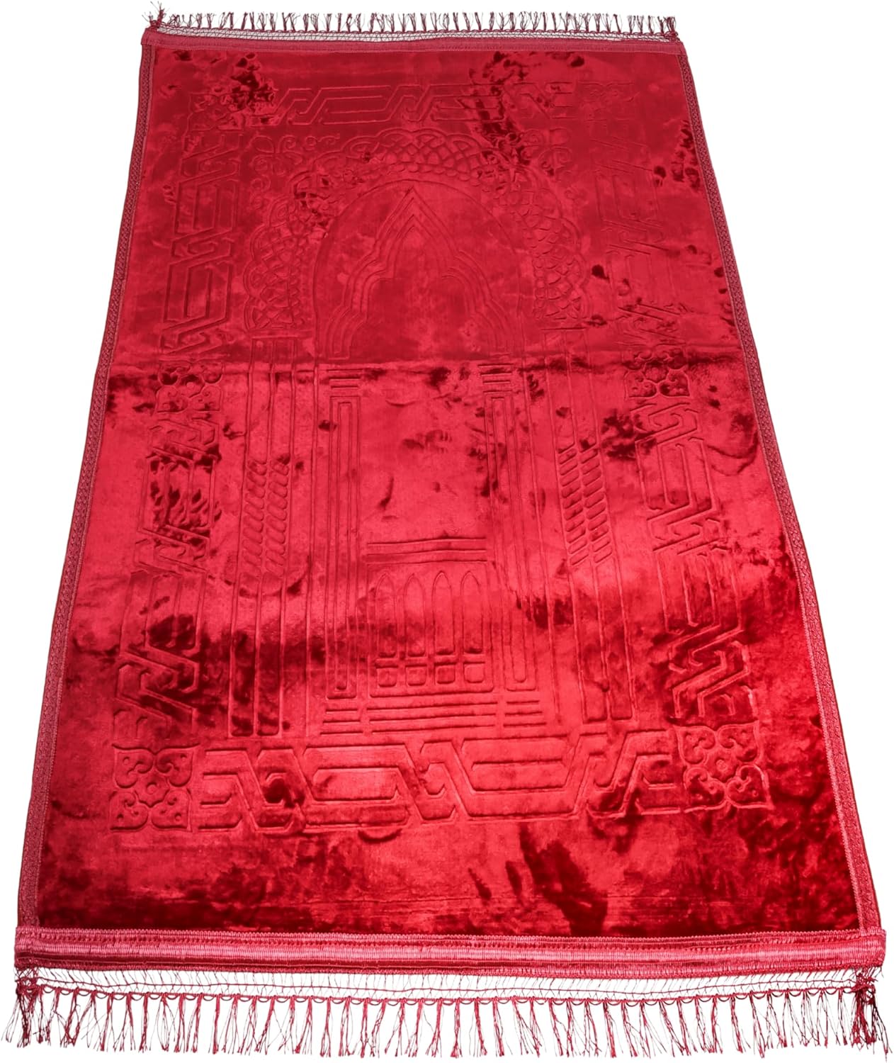 Luxury Turkish Velvet Prayer Rug – Red Embossed Floral Design with Tasbeeh