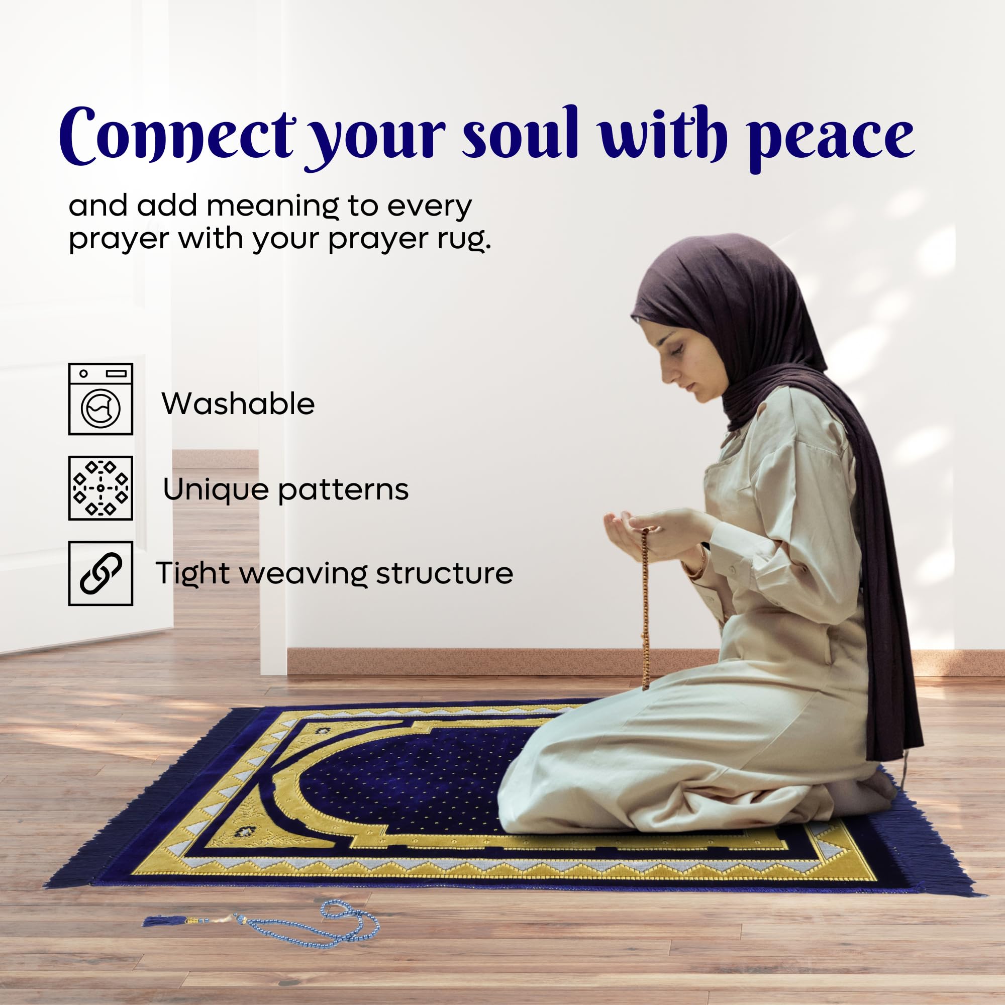 Luxury Turkish Velvet Prayer Rug – Navy Blue & Gold Arch Design